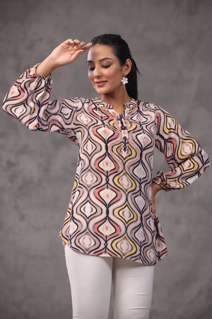 Peach Ogee Digital Printed Modal Satin Top