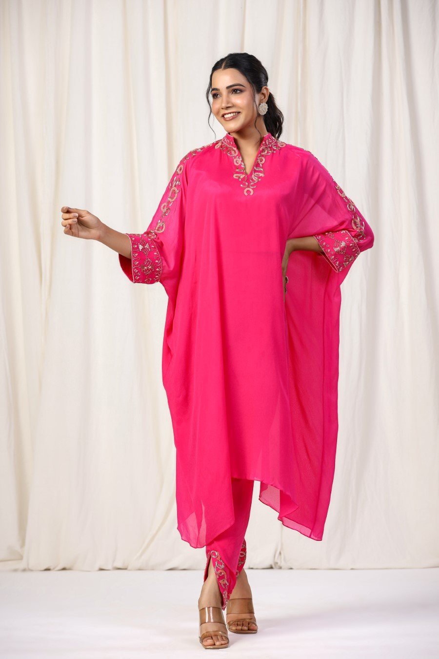 Cerise Pink Embellished Georgette Silk Kurta with Tulip Pants