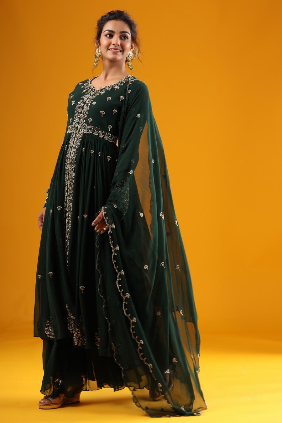 Emerald Green Hand Embroidered Kurta &amp; Palazzo With Dupatta