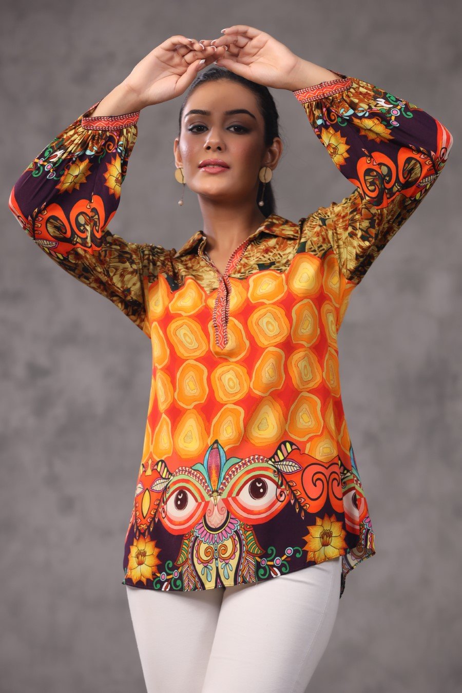 Orange Tribal Digital Printed Spanish Crepe Top