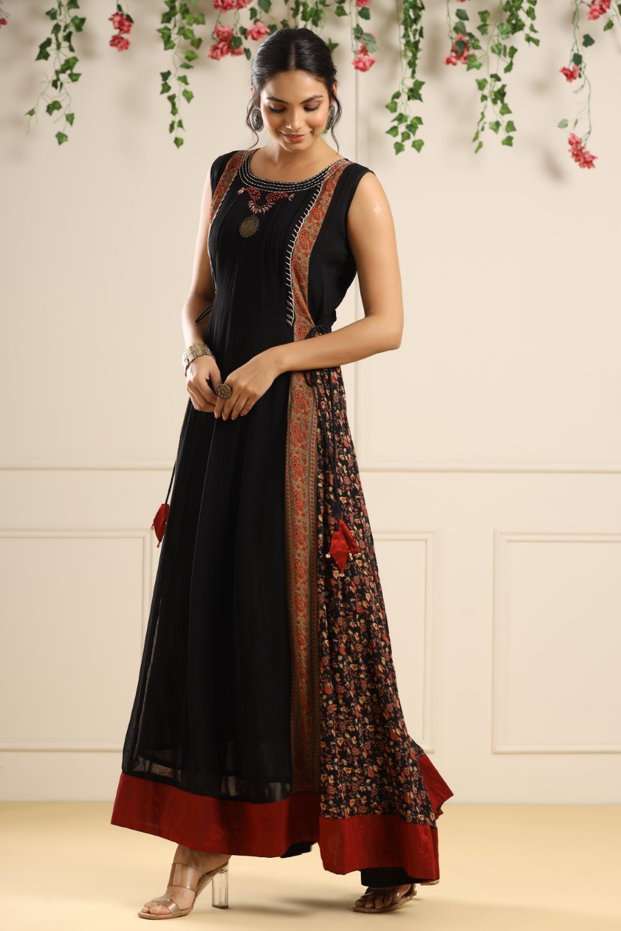 Black Printed Georgette Silk Long Dress