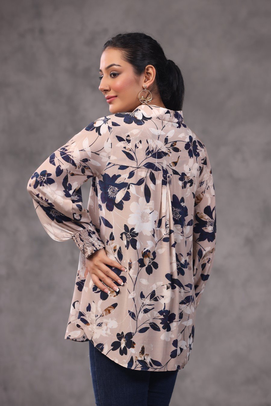 Cream Floral Printed Italian Crepe Top