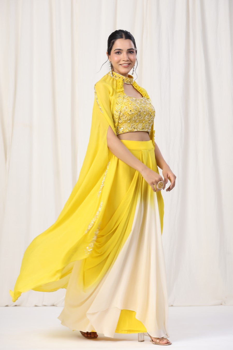 Yellow Embellished Spanish Silk Skirt Top with Cape