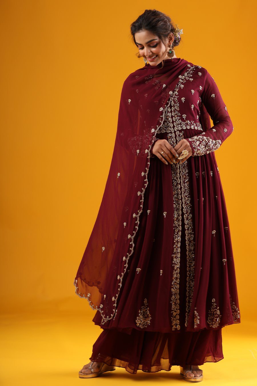 Wine Hand Embroidered Kurta &amp; Palazzo With Dupatta