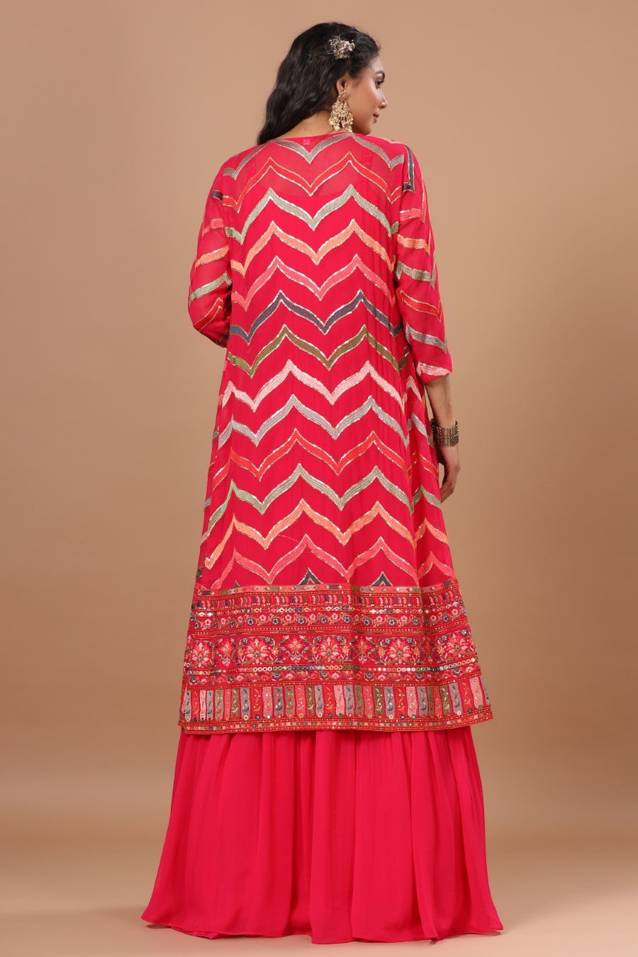 Alluring Rani Pink Resham Embroidered Dress with Cape