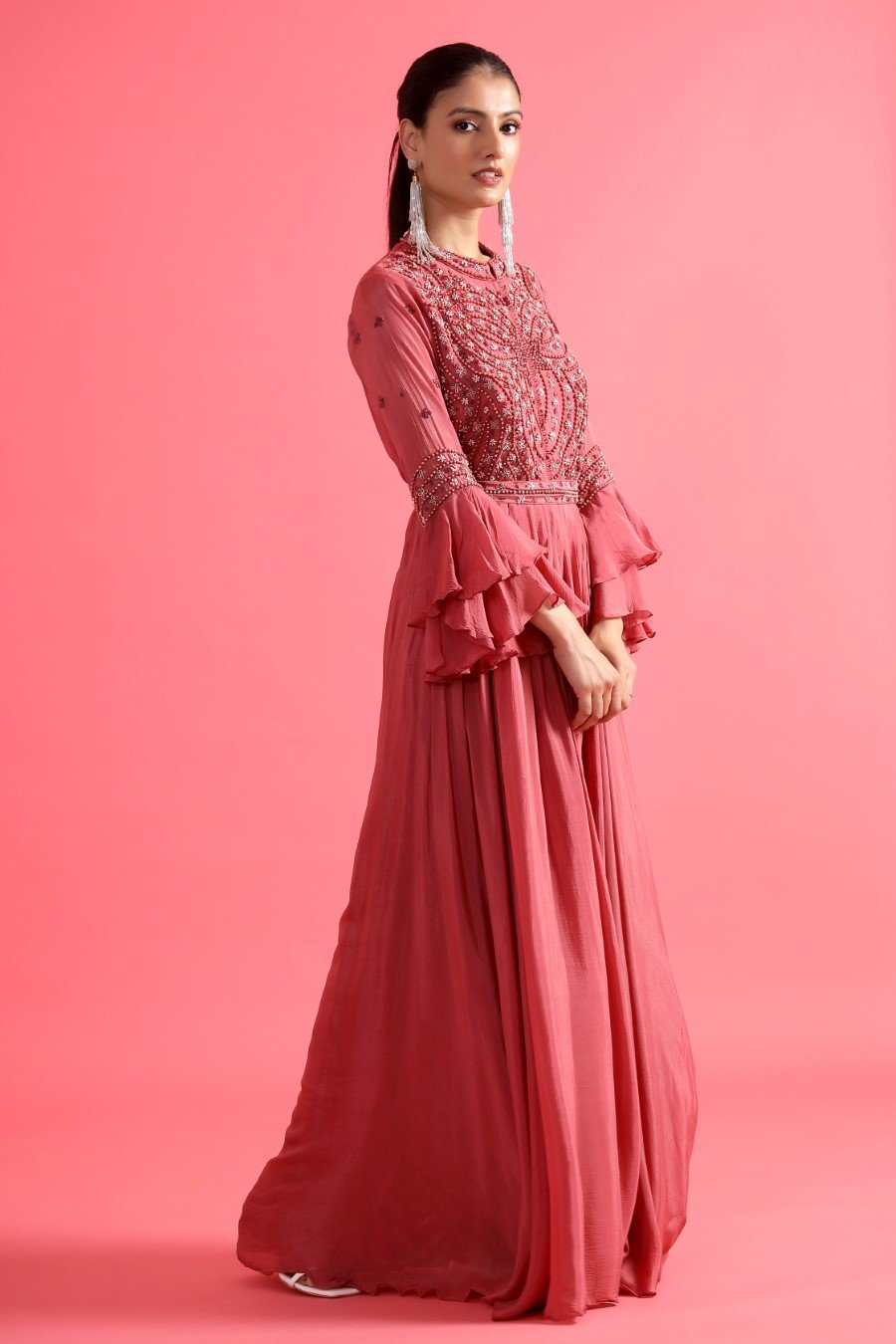 Mulberry Pink Embellished Chinon Silk Gown