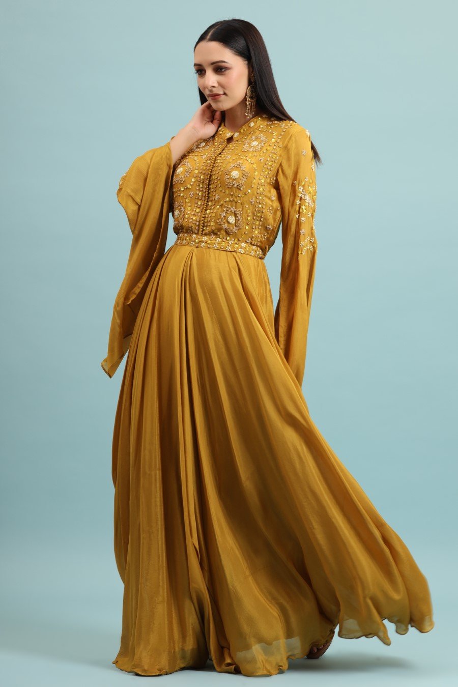 Mustard Embellished Chinon Silk Gown