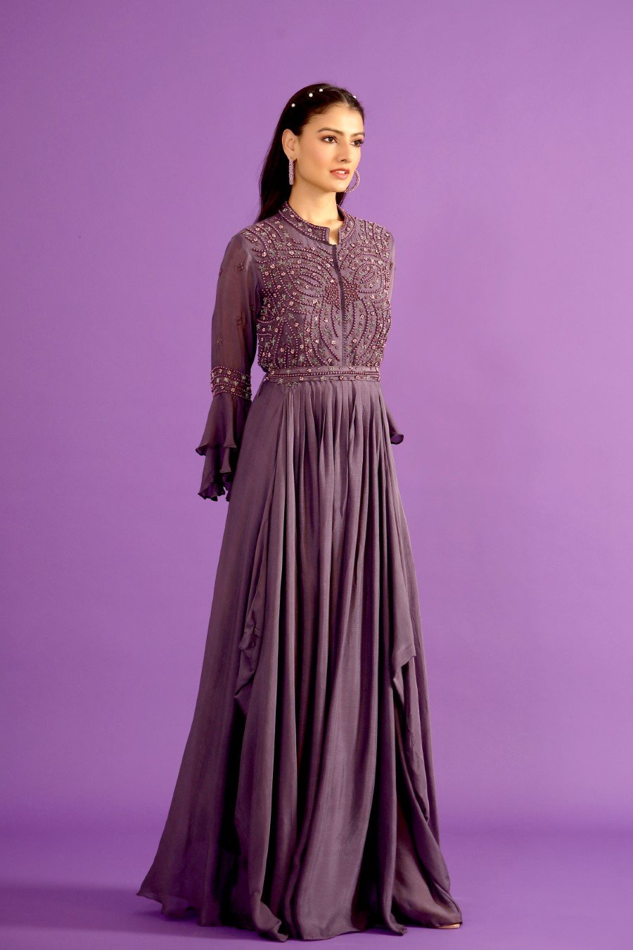 Dusky Purple Embellished Chinon Silk Gown