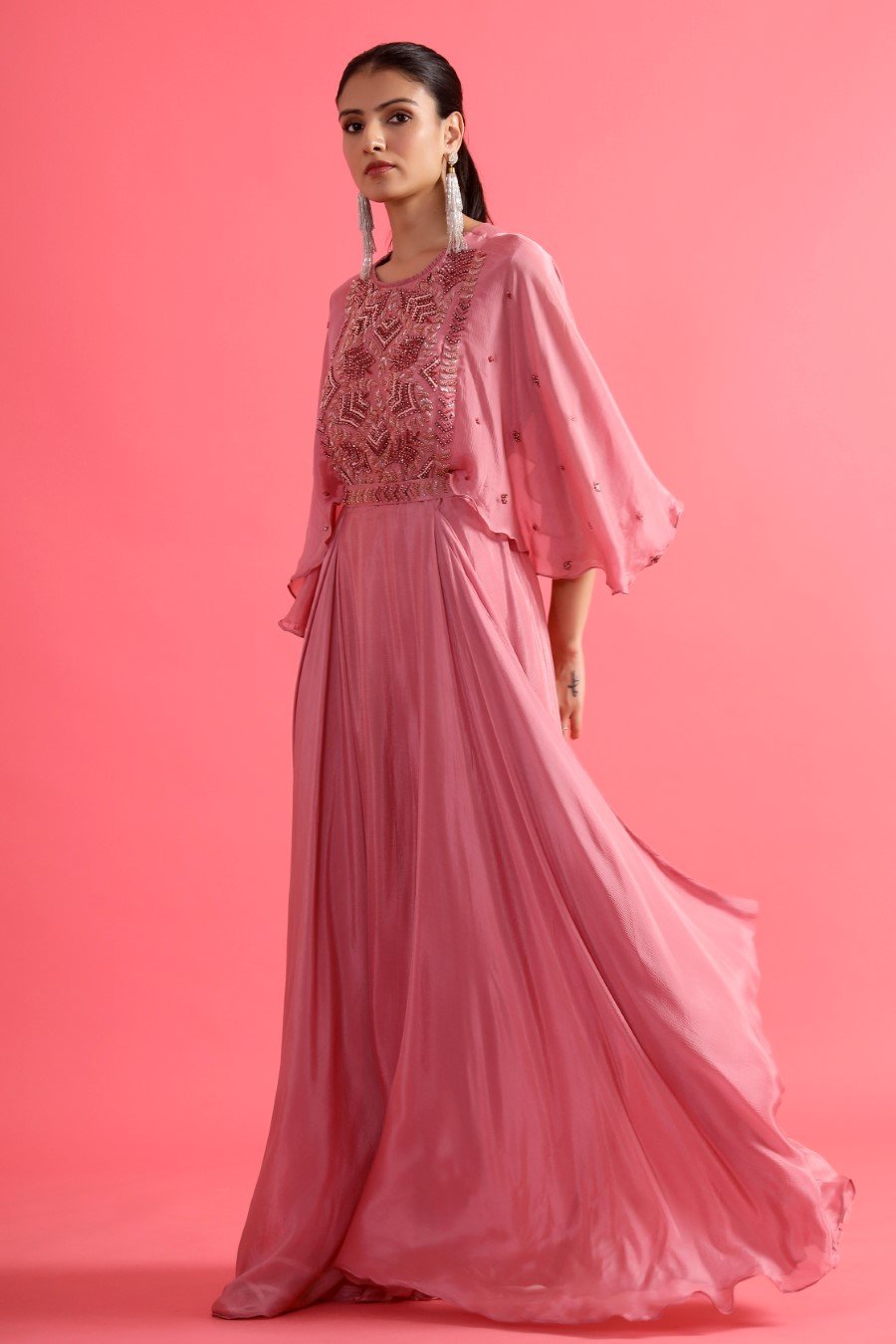 Chic Pink Embellished Chinon Silk Gown with Belt