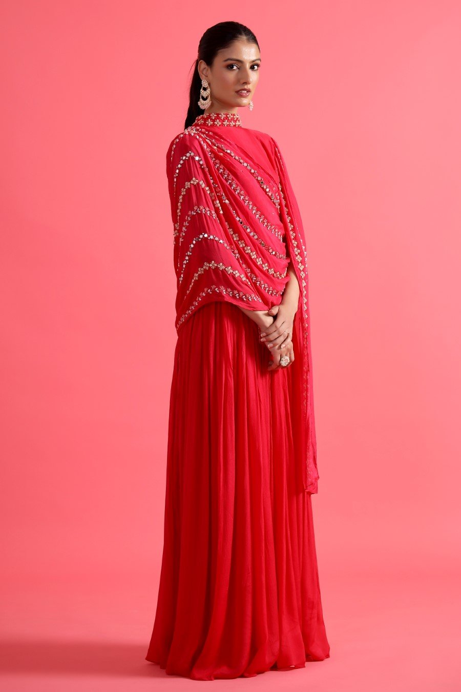 Reddish Pink Embellished &amp; Draped Chinon Silk Gown