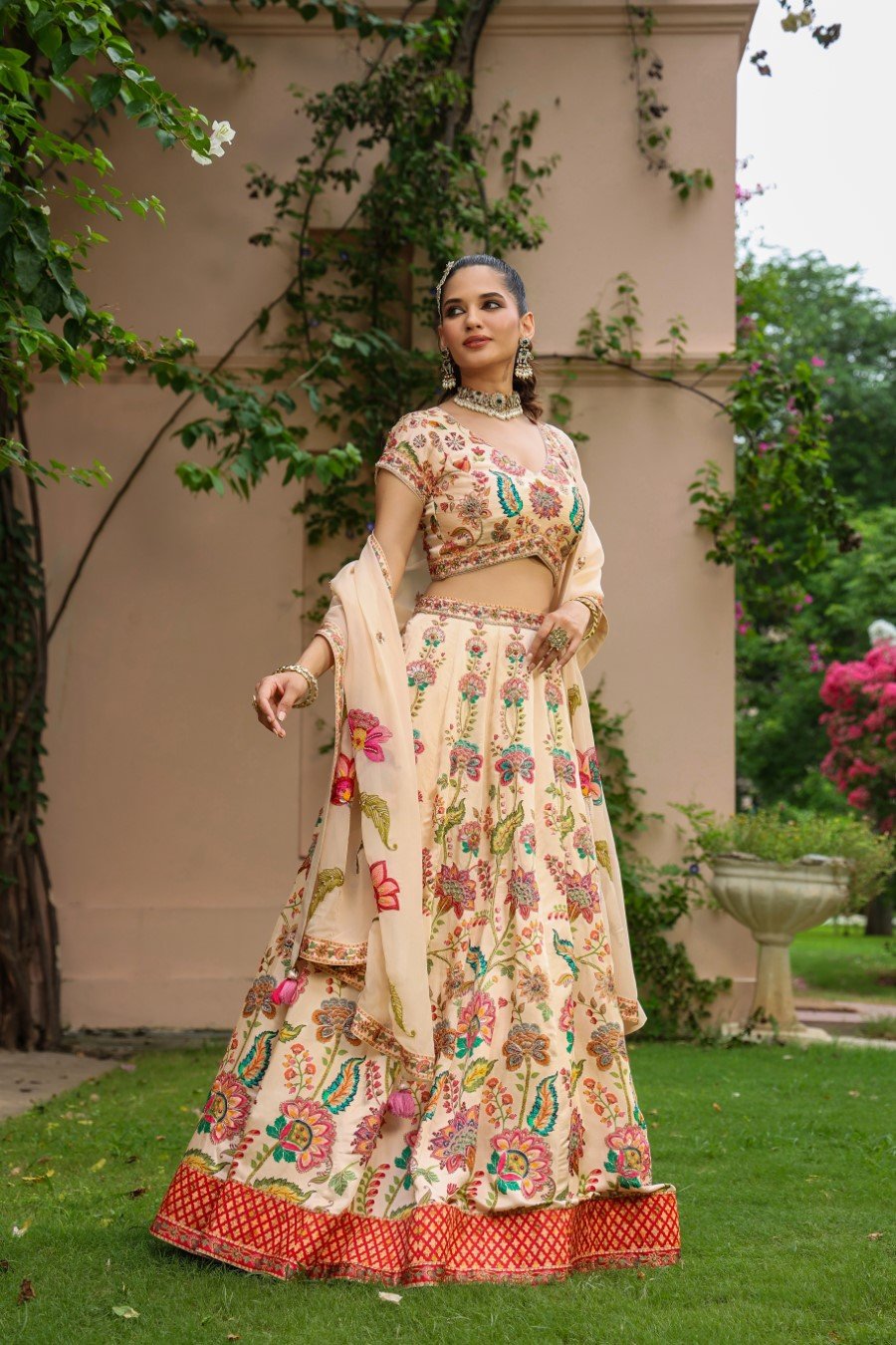 Off White Floral Printed Raw Silk Lehenga Set