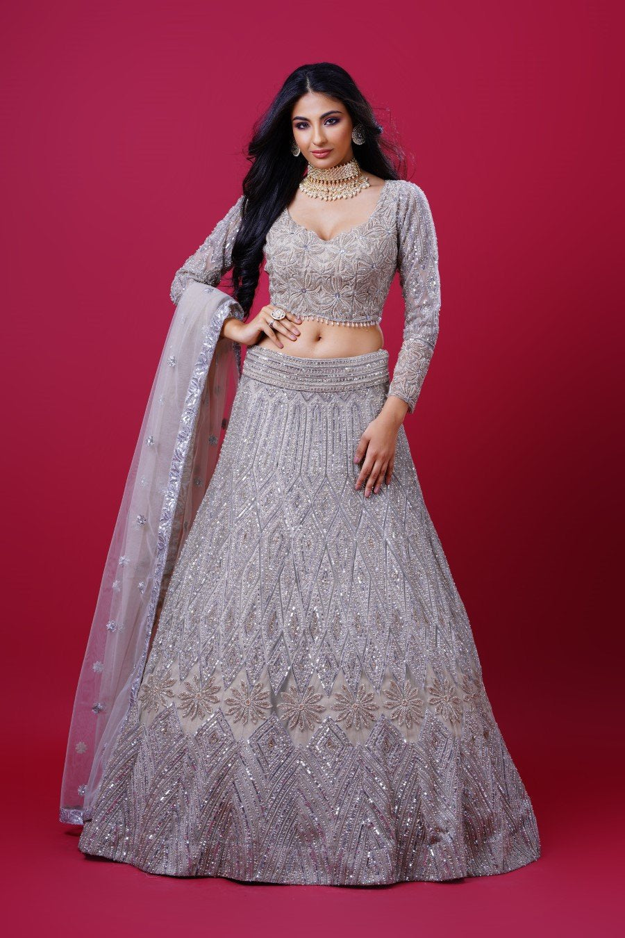 Silver Floral Embellished Lehenga Set