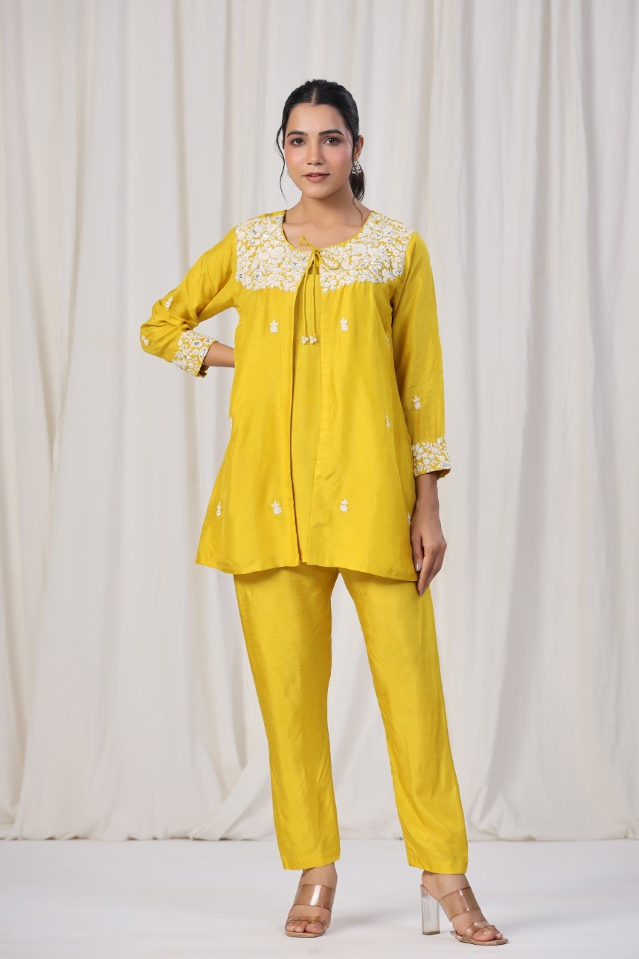 Yellow Floral Embroidered Cape Tunic with Cape