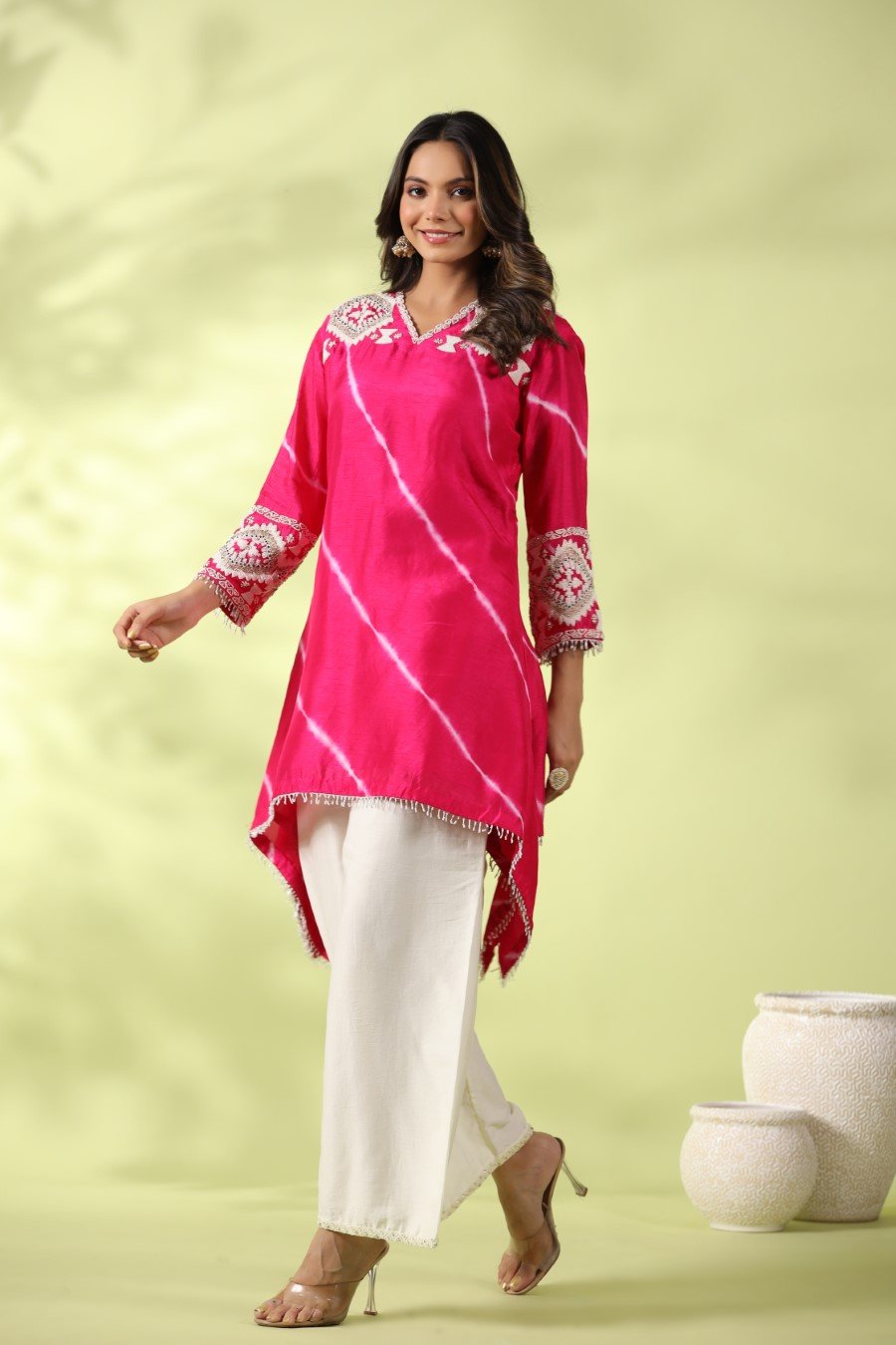 Pink Tie-dyed &amp; Embroidered Asymmetrical Kurta with Palazzo