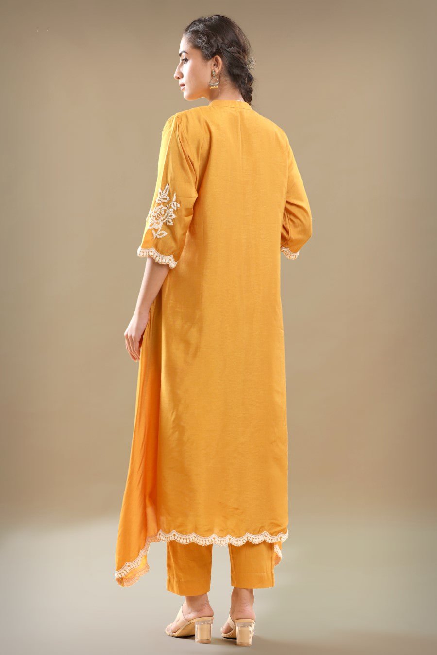 Yellow Embroidered A-line Kurta With Pant