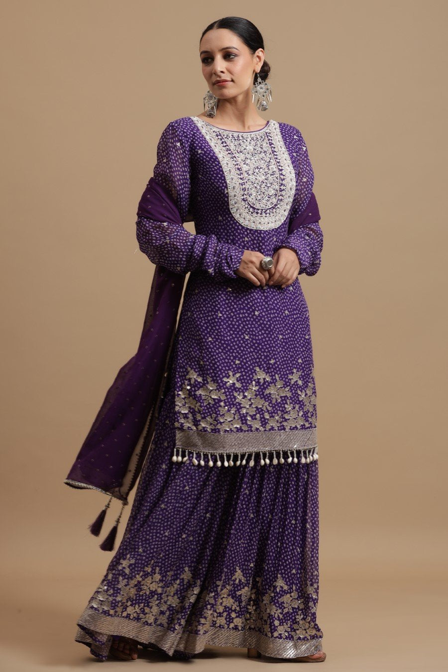 Purple Bandhej Printed &amp; Embroidered Sharara Set