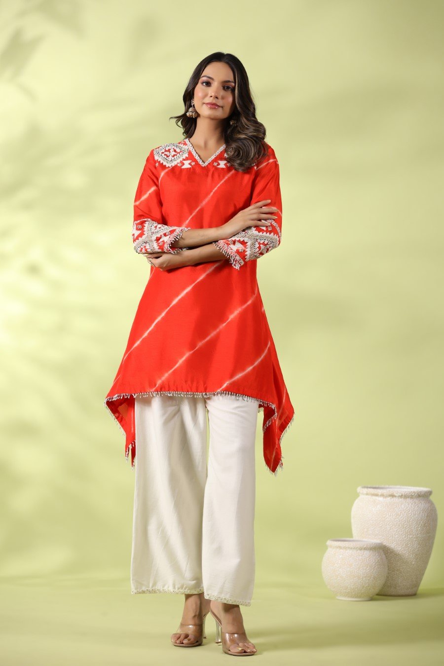 Orange Tie-dyed &amp; Embroidered Asymmetrical Kurta with Palazzo