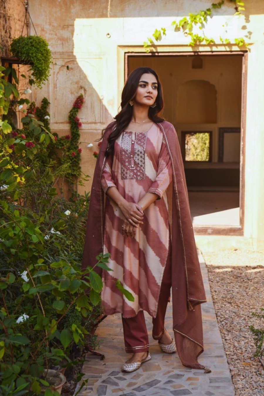 Light Brown Leheriya Embellished Kurta Set