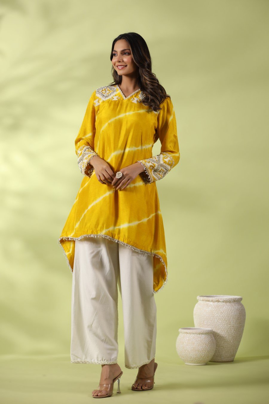 Yellow Tie-dyed &amp; Embroidered Asymmetrical Kurta with Palazzo