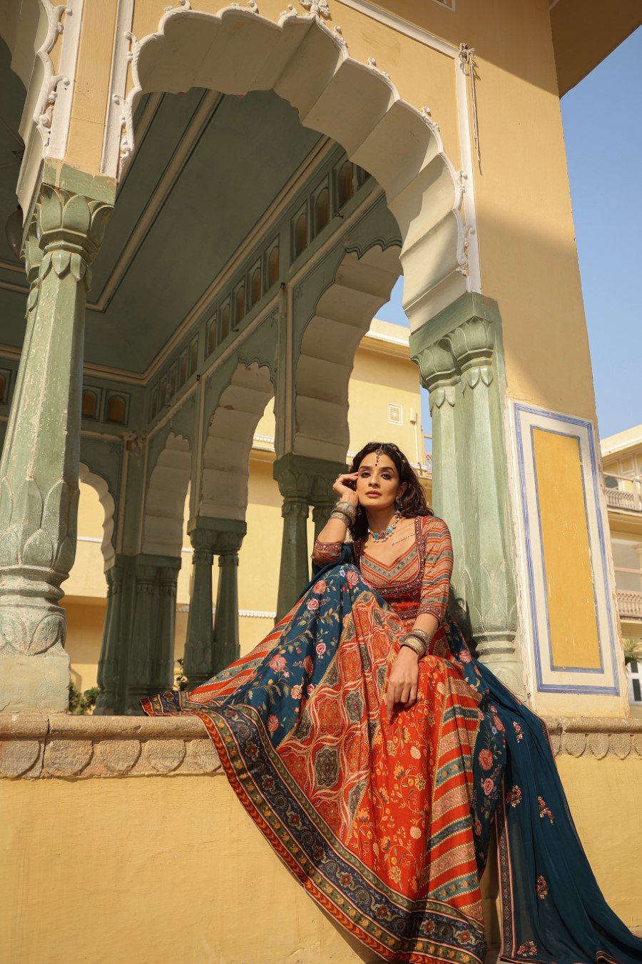 Red Mughal Printed Anarkali with Dupatta