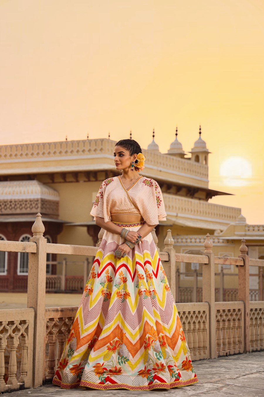 Peach Embroidered Crop Top with Skirt