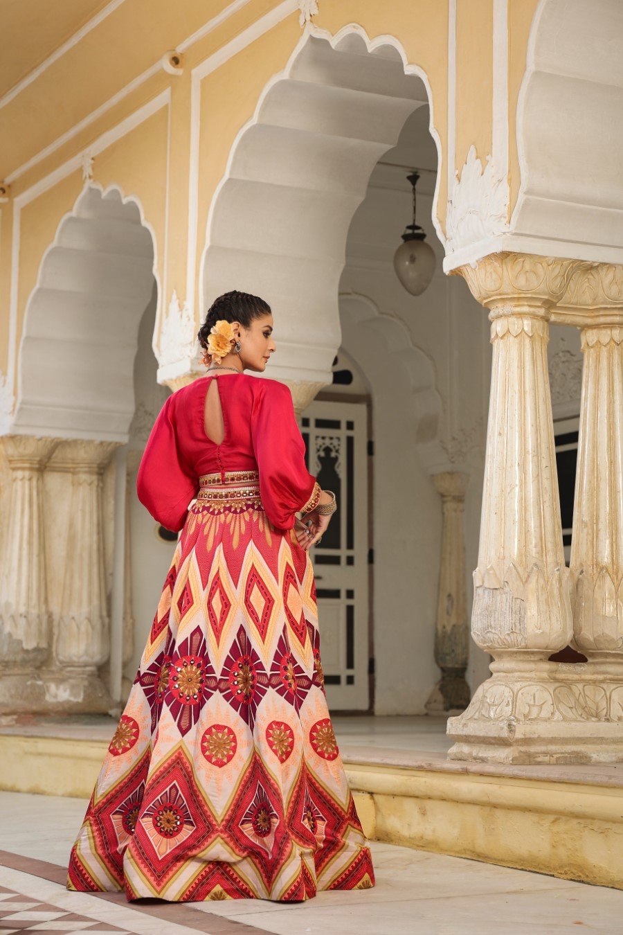 Rose Red Ethnic Skirt with Crop Top