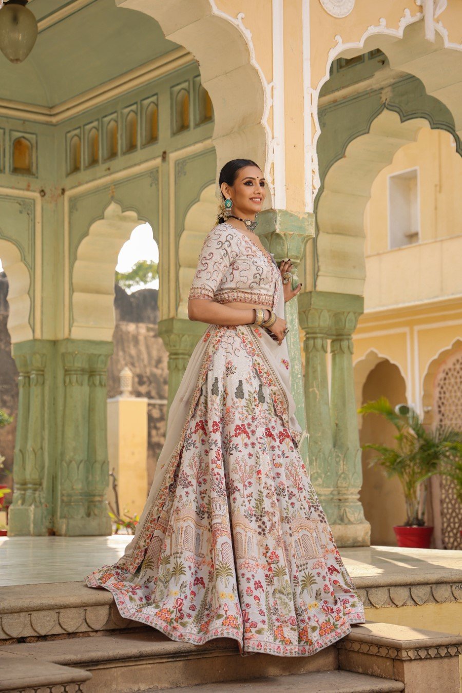 Cream Mughal Raw Silk Lehenga Set