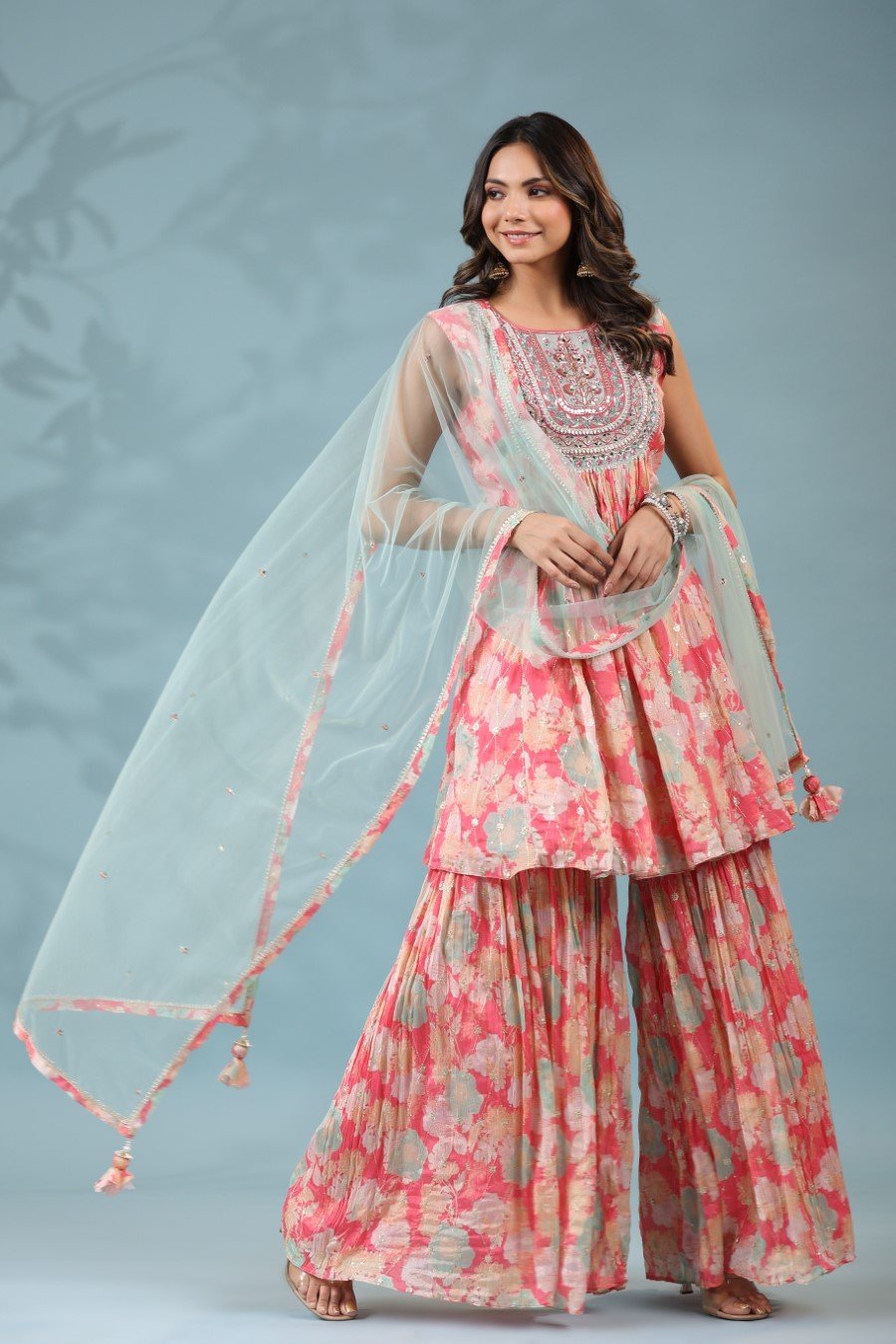 Pink Floral Embellished Sharara Set