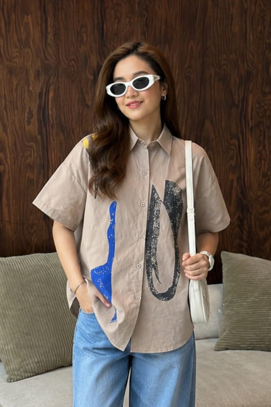 Sand Beige Abstract Graphic Cotton Shirt