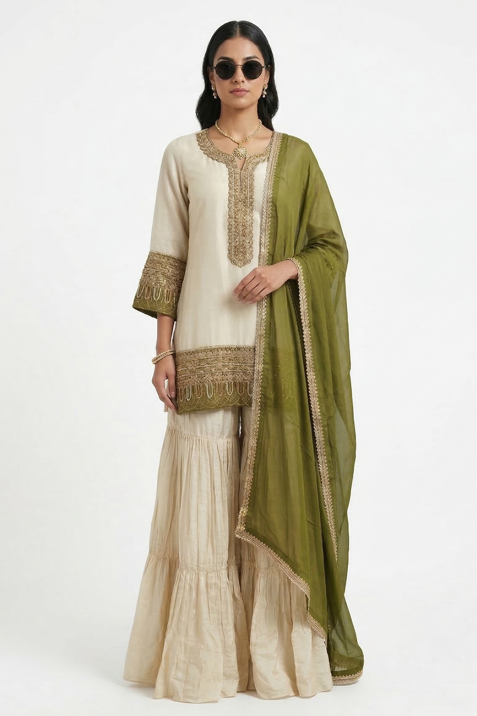 Ivory Moss Embellished Shimmer Tissue Silk Sharara Set