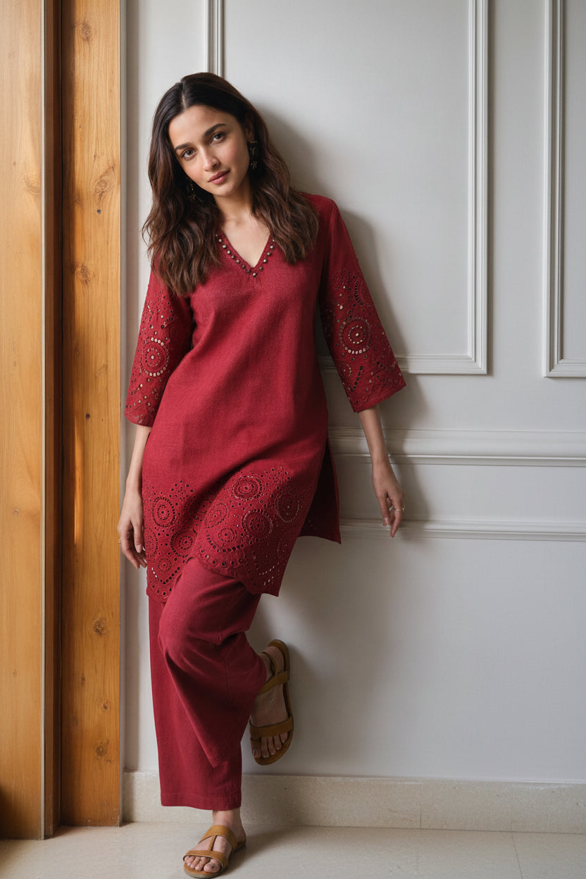 Maroon Schiffli Cotton Co-Ord Set