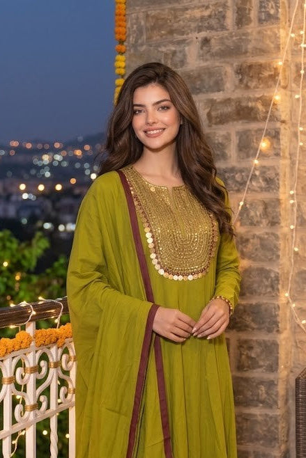 Light Green Embellished Crepe Silk Anarkali Set