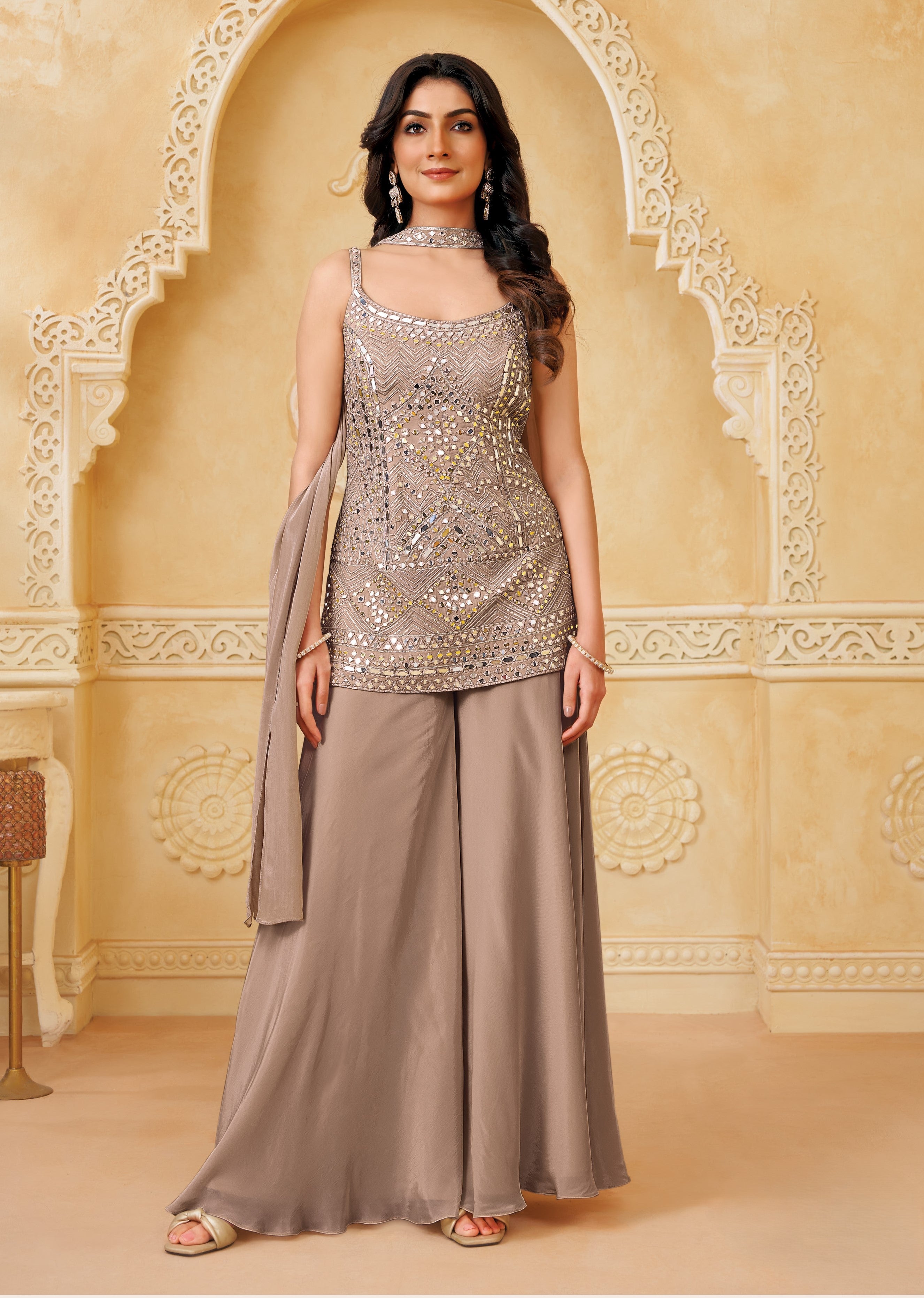 Soft Mocha Embellished Crepe Silk Palazzo Set