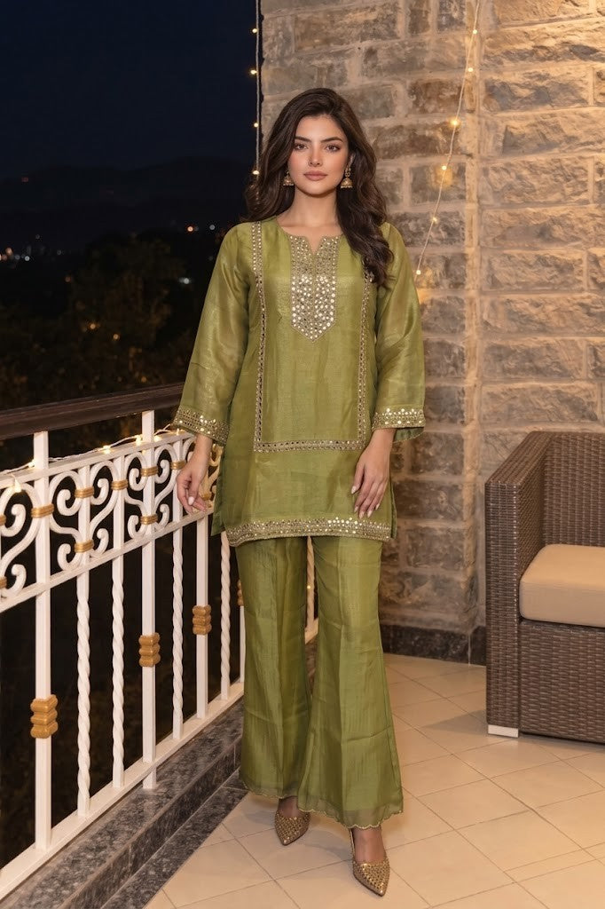Metallic Moss Green Embellished Tissue Silk Palazzo Set