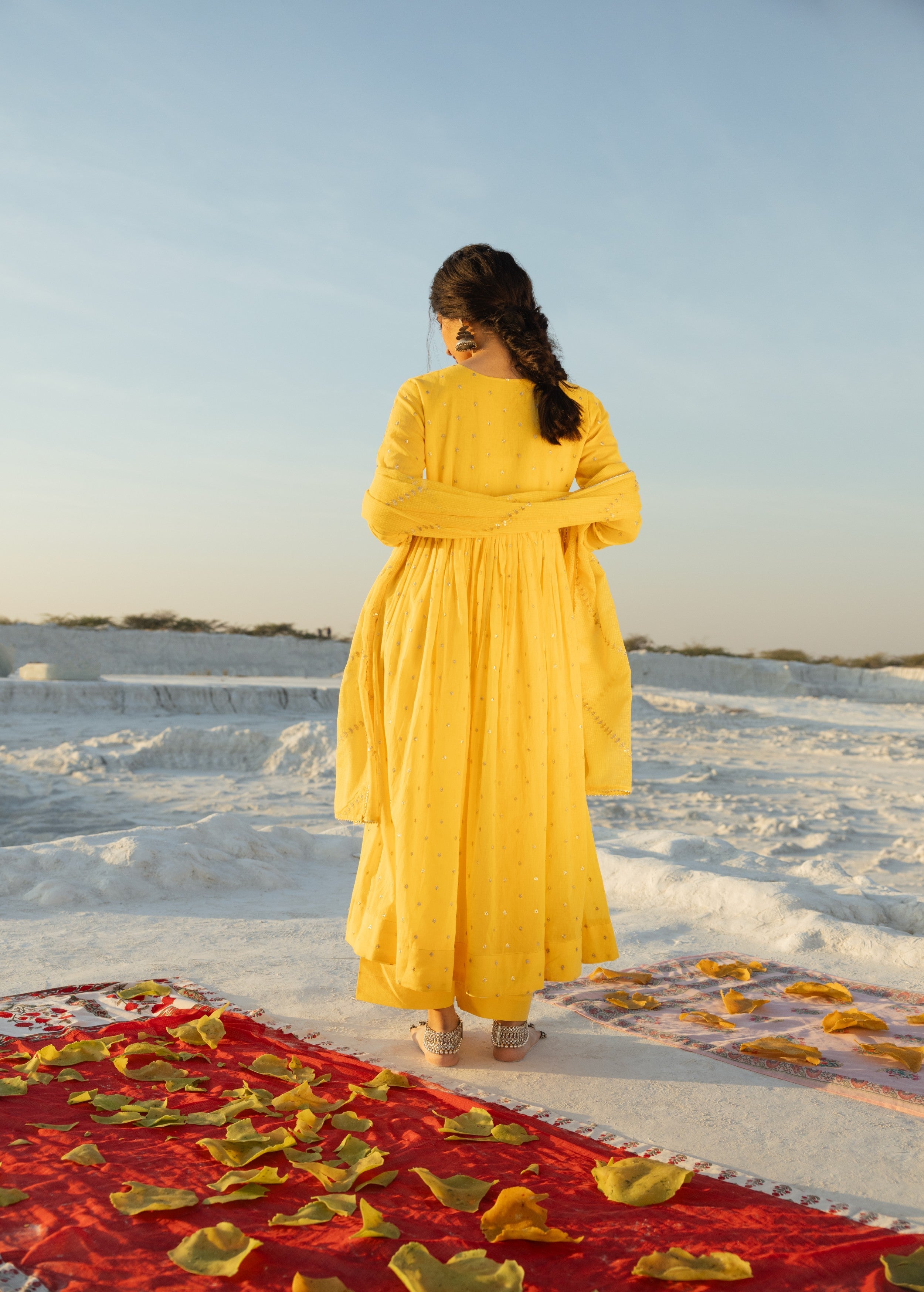 Bright Yellow Embellished Mul Cotton Anarkali Set