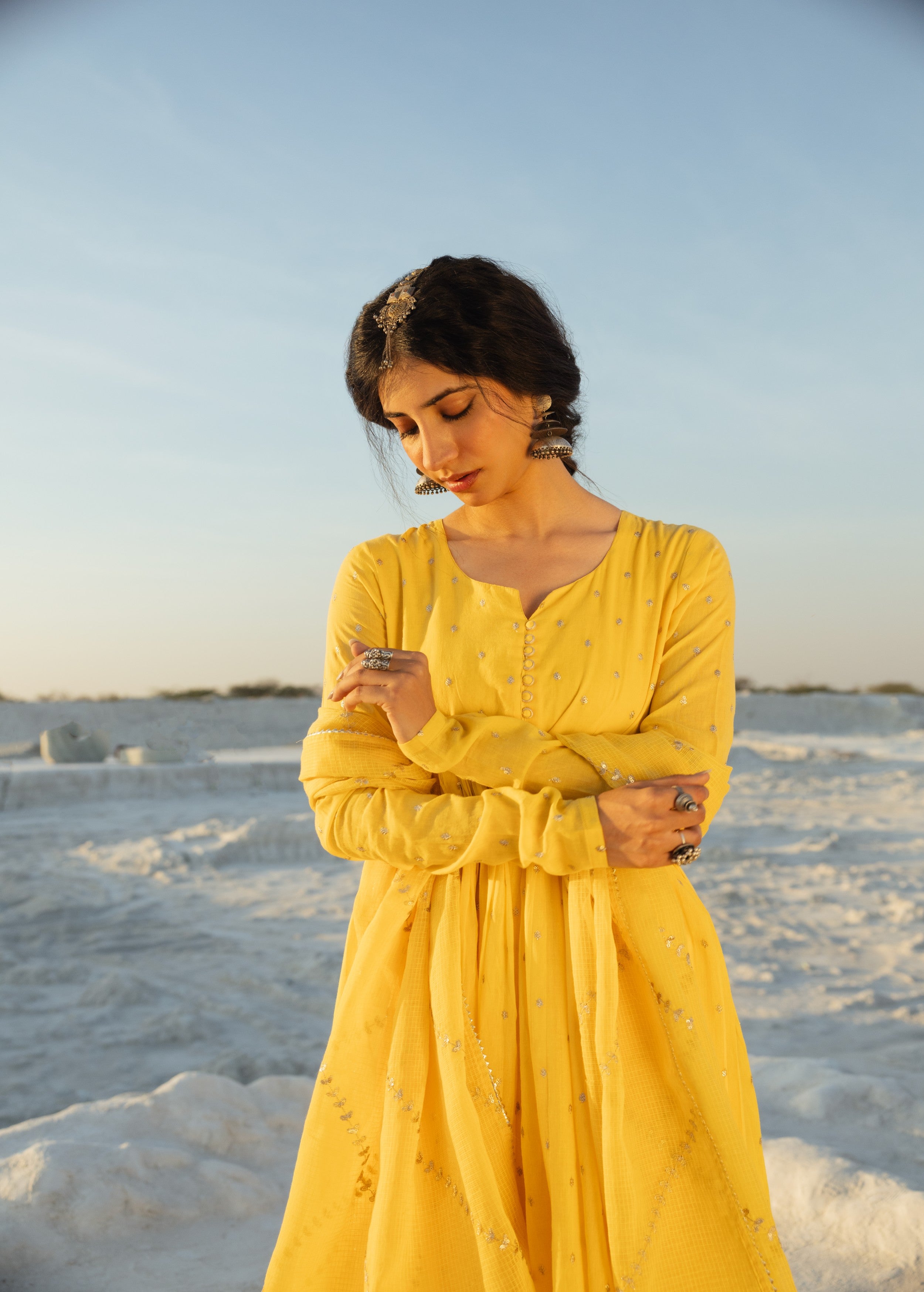 Bright Yellow Embellished Mul Cotton Anarkali Set