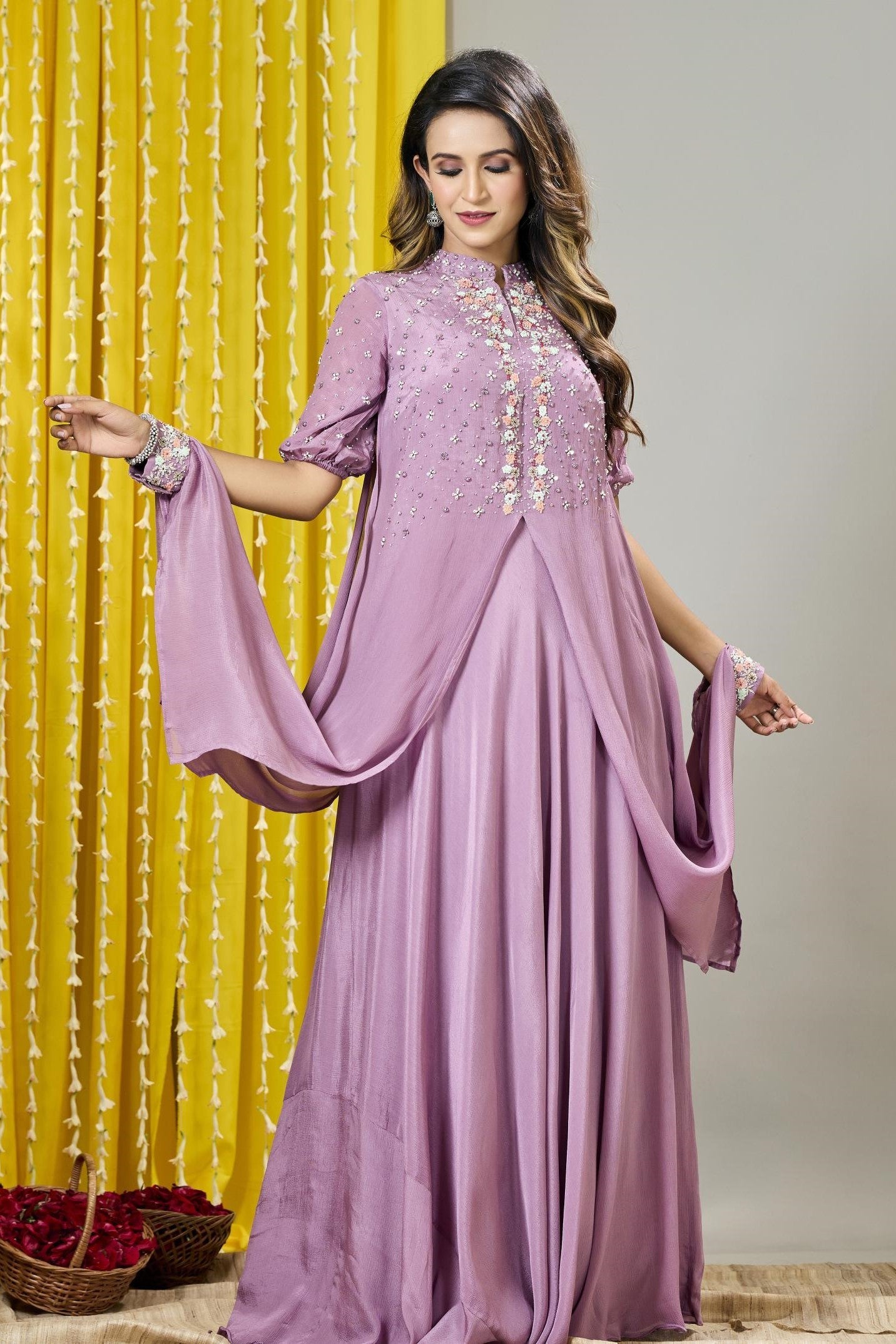 Lilac Embellished Premium Chinon Silk Gown