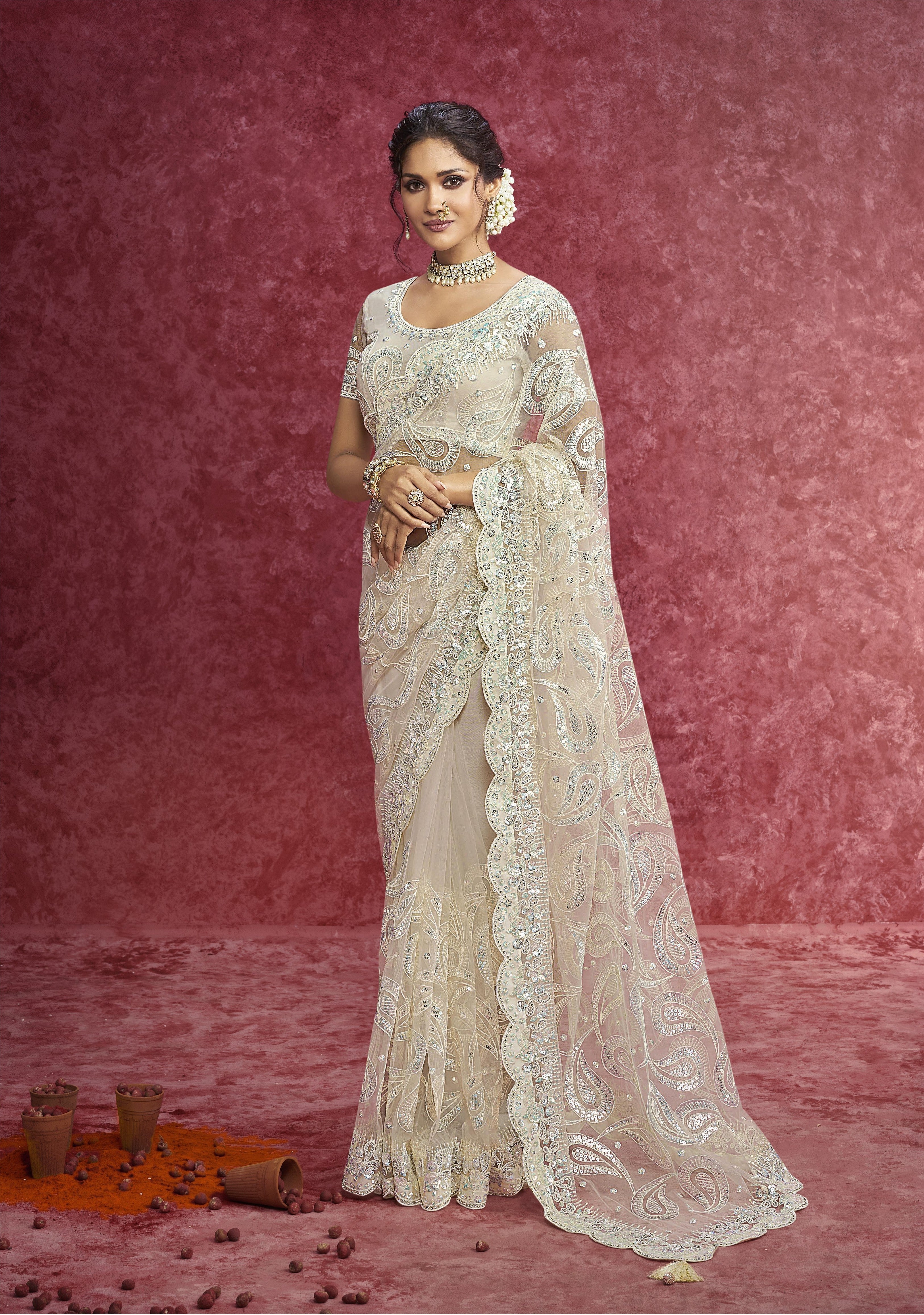 Ivory Whisper Embellished Net Saree