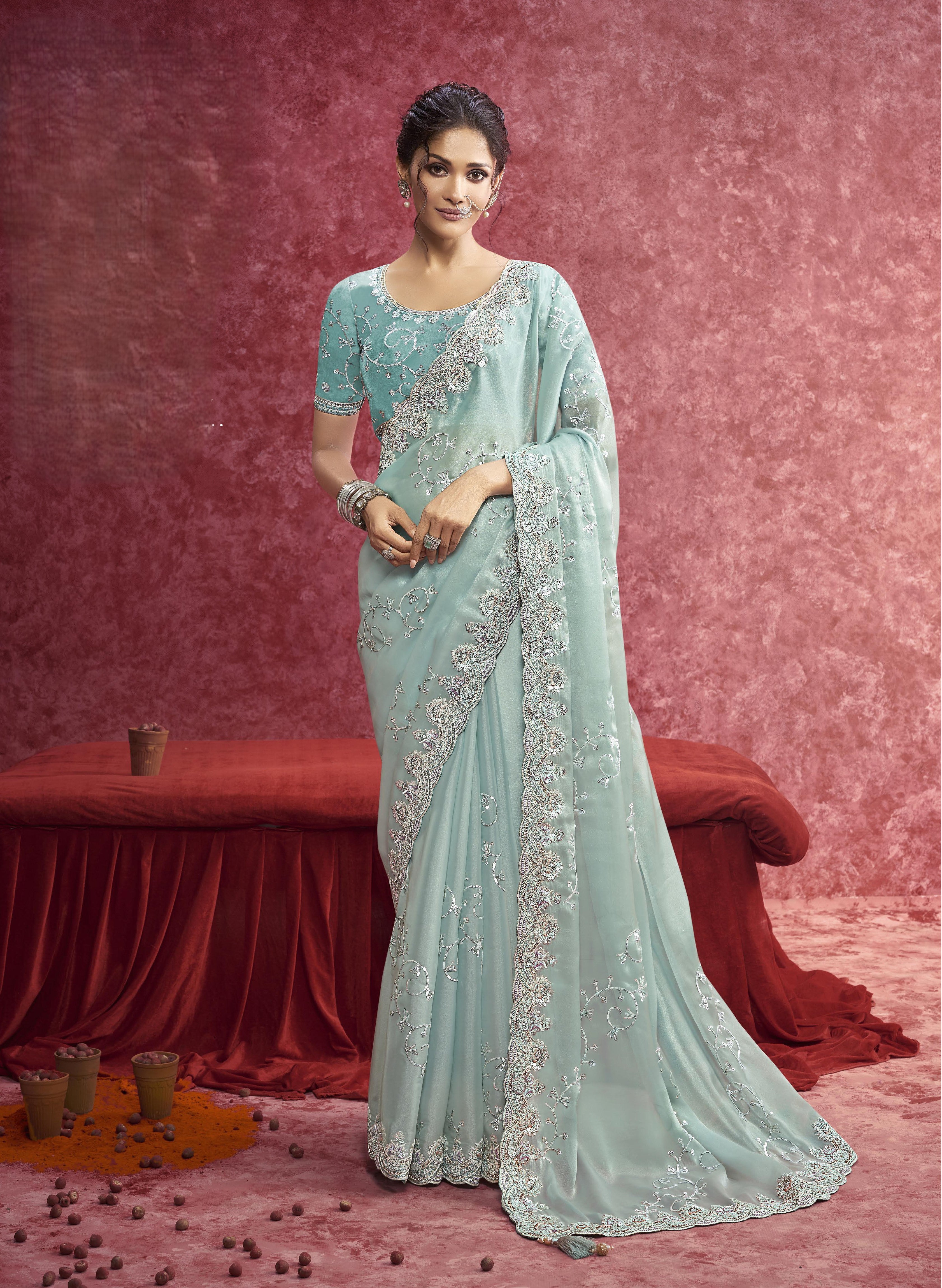 Mist Blue Embellished Saree