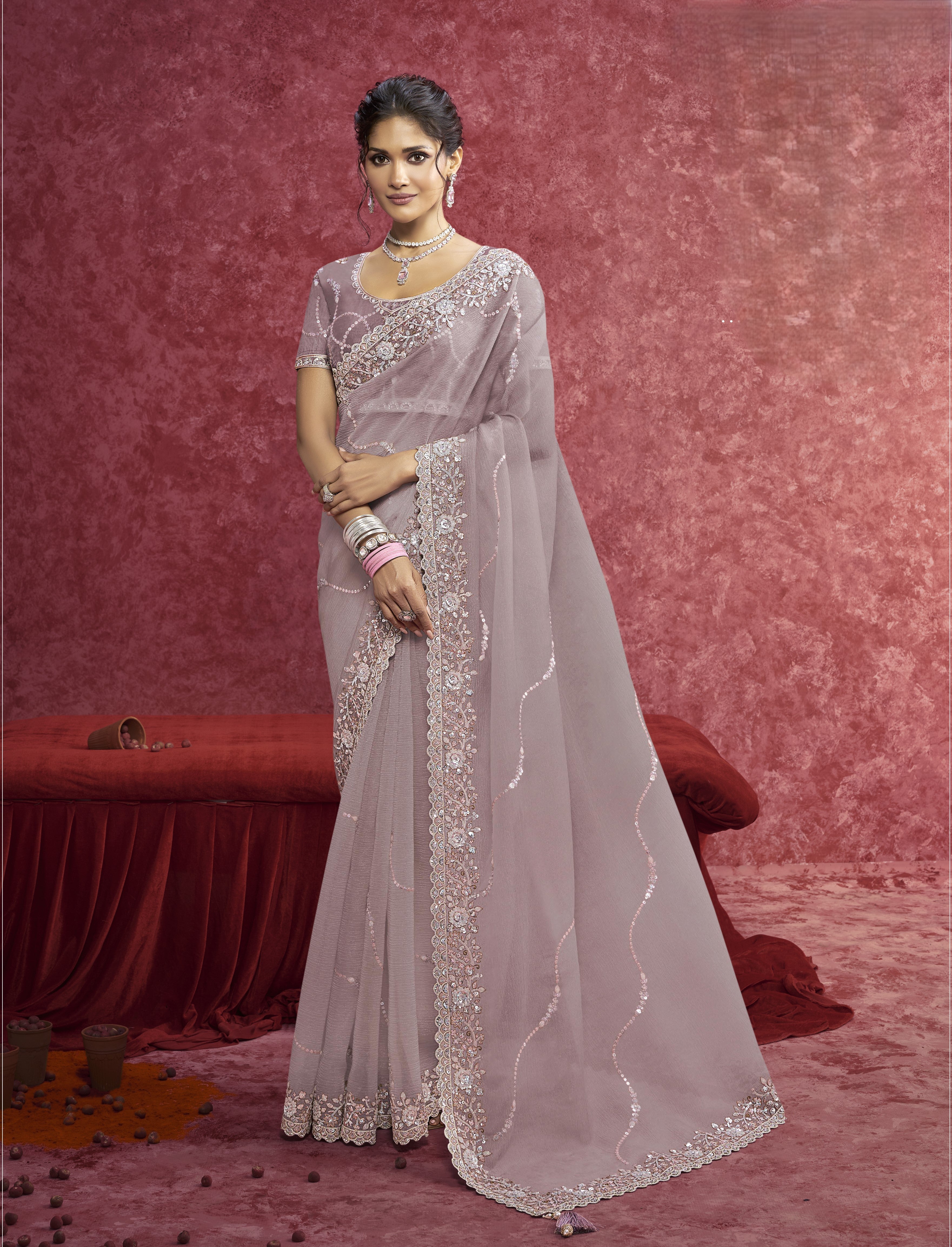 Twilight Mauve Embellished Saree with Floral Sequins
