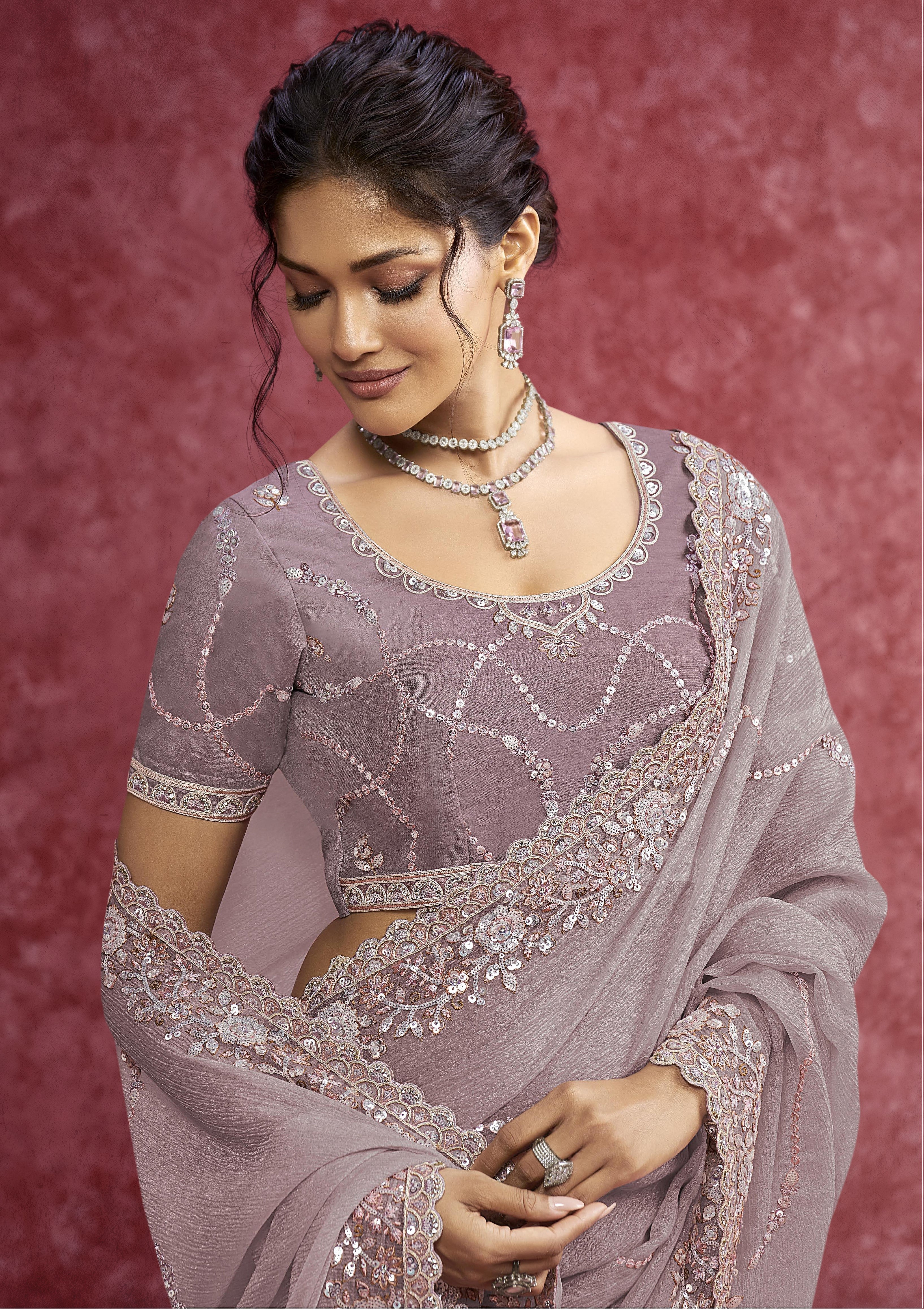 Twilight Mauve Embellished Saree with Floral Sequins