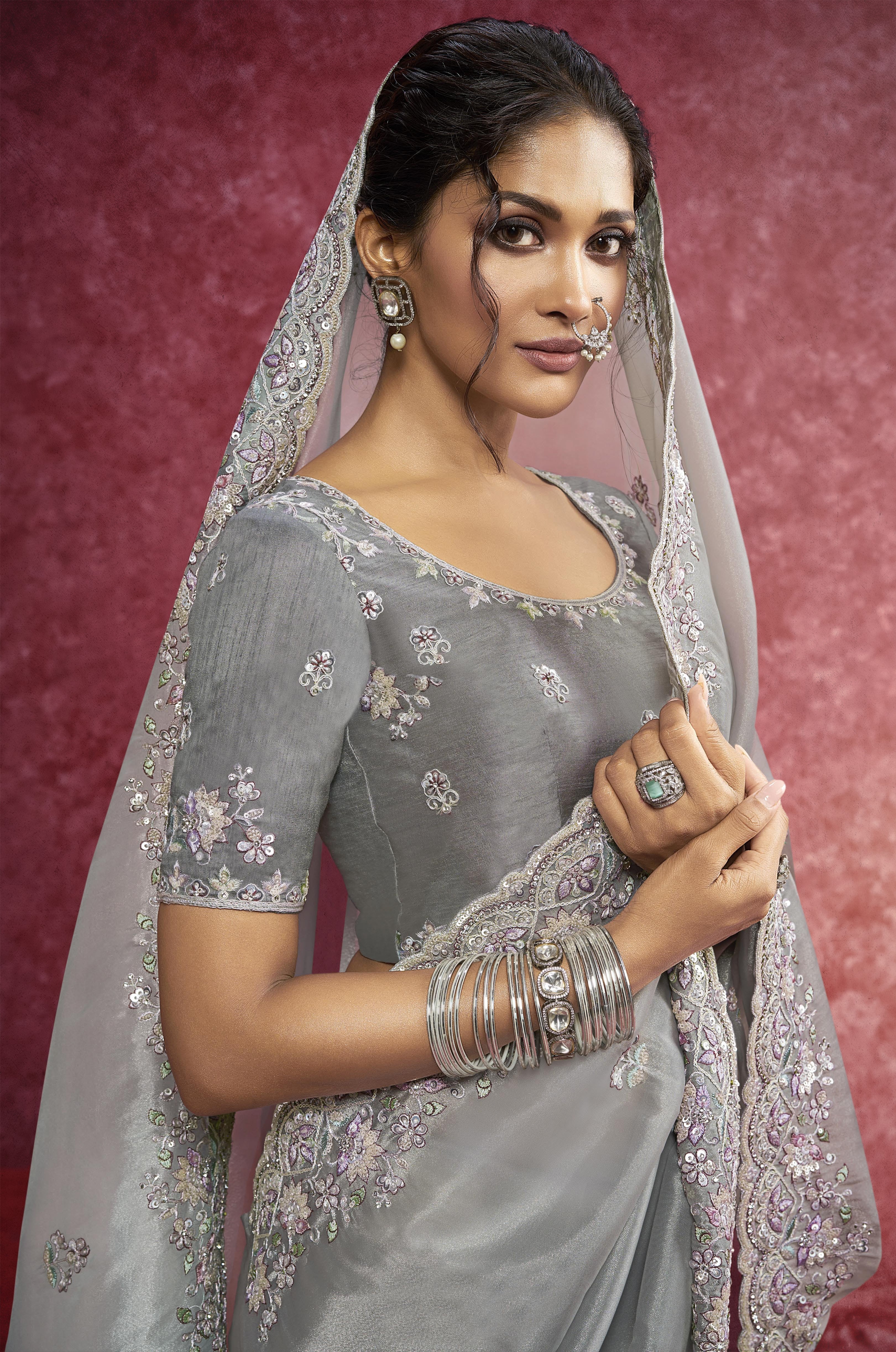 Moonlit Grey Saree with Lavender Floral Accents