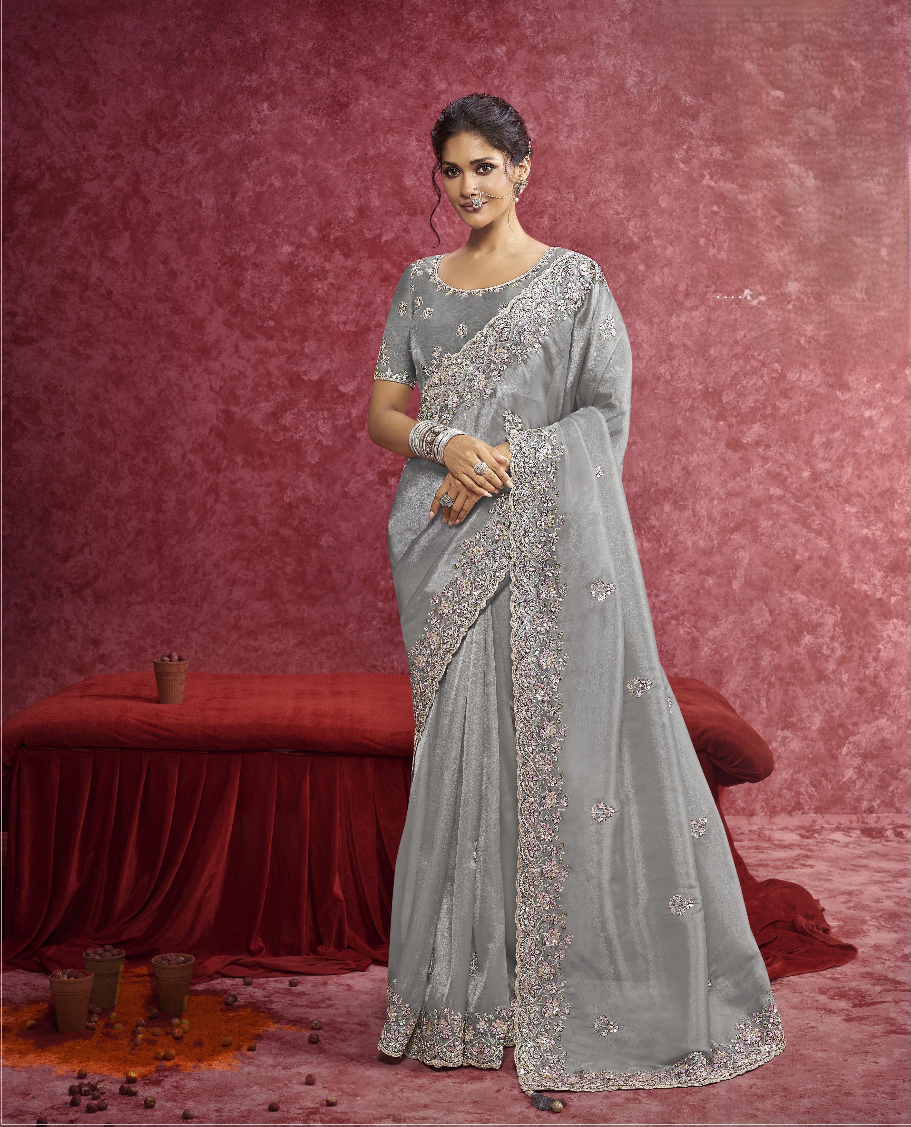 Moonlit Grey Saree with Lavender Floral Accents