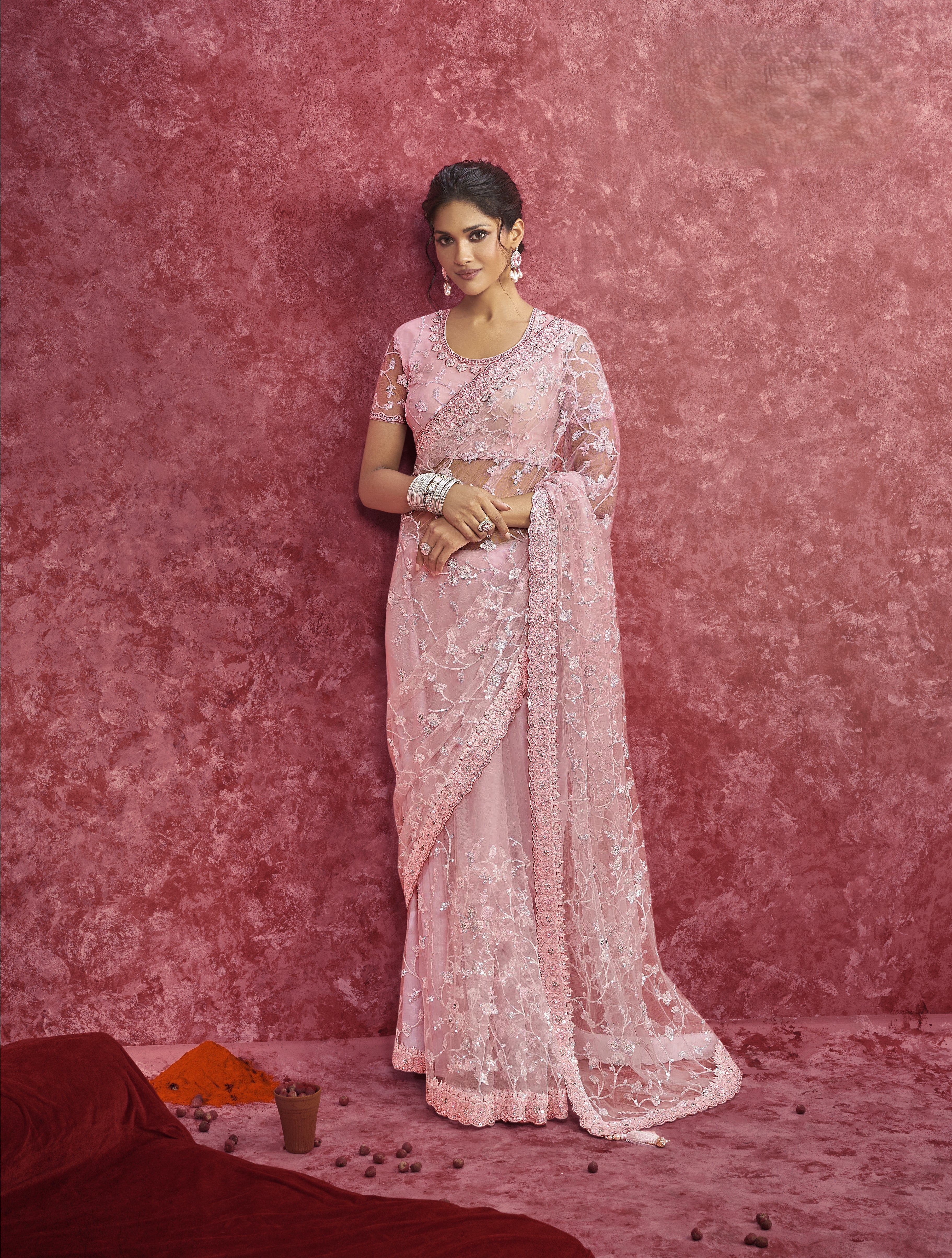 Blush Pink Embellished Net Saree