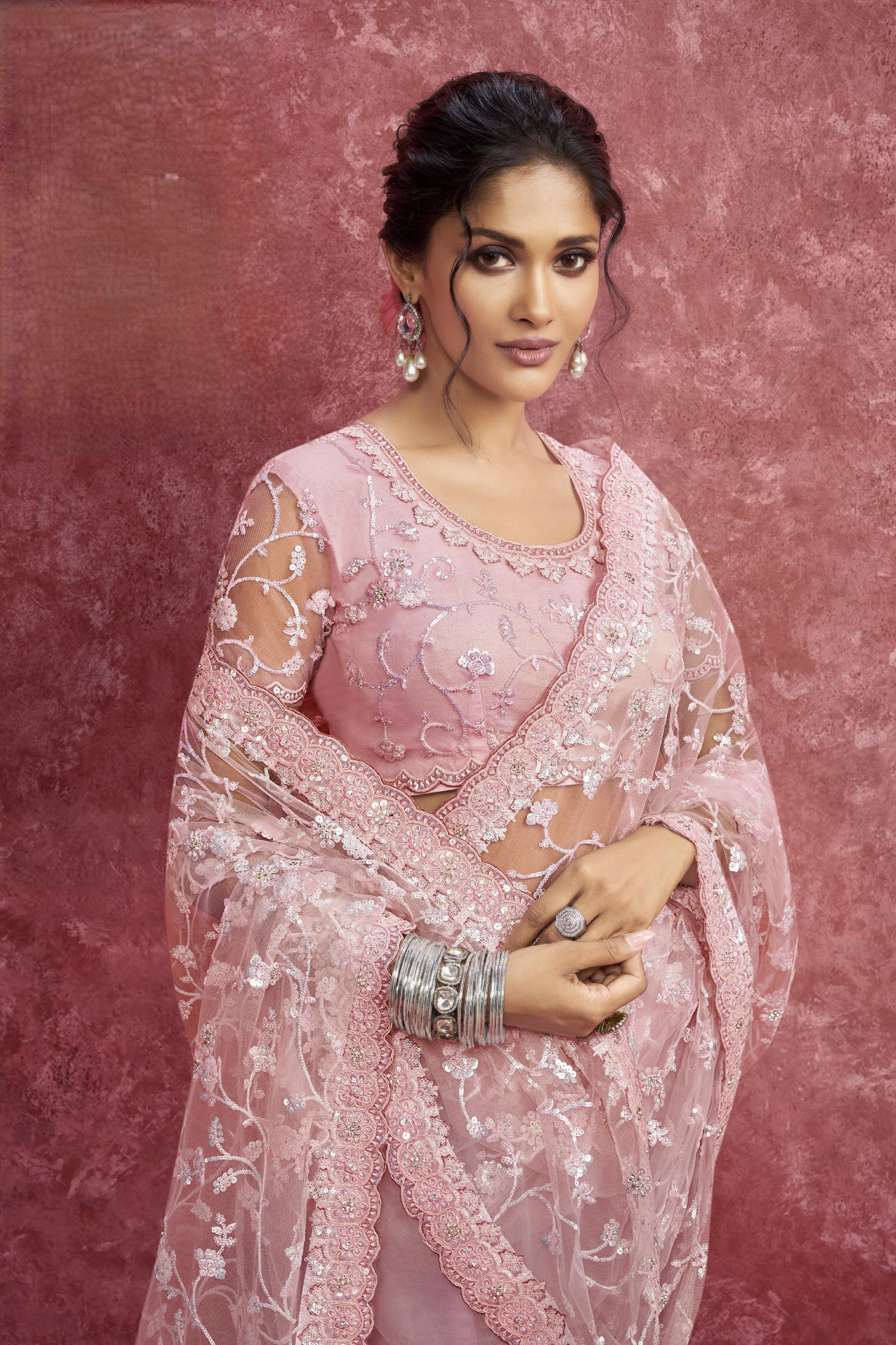 Blush Pink Embellished Net Saree