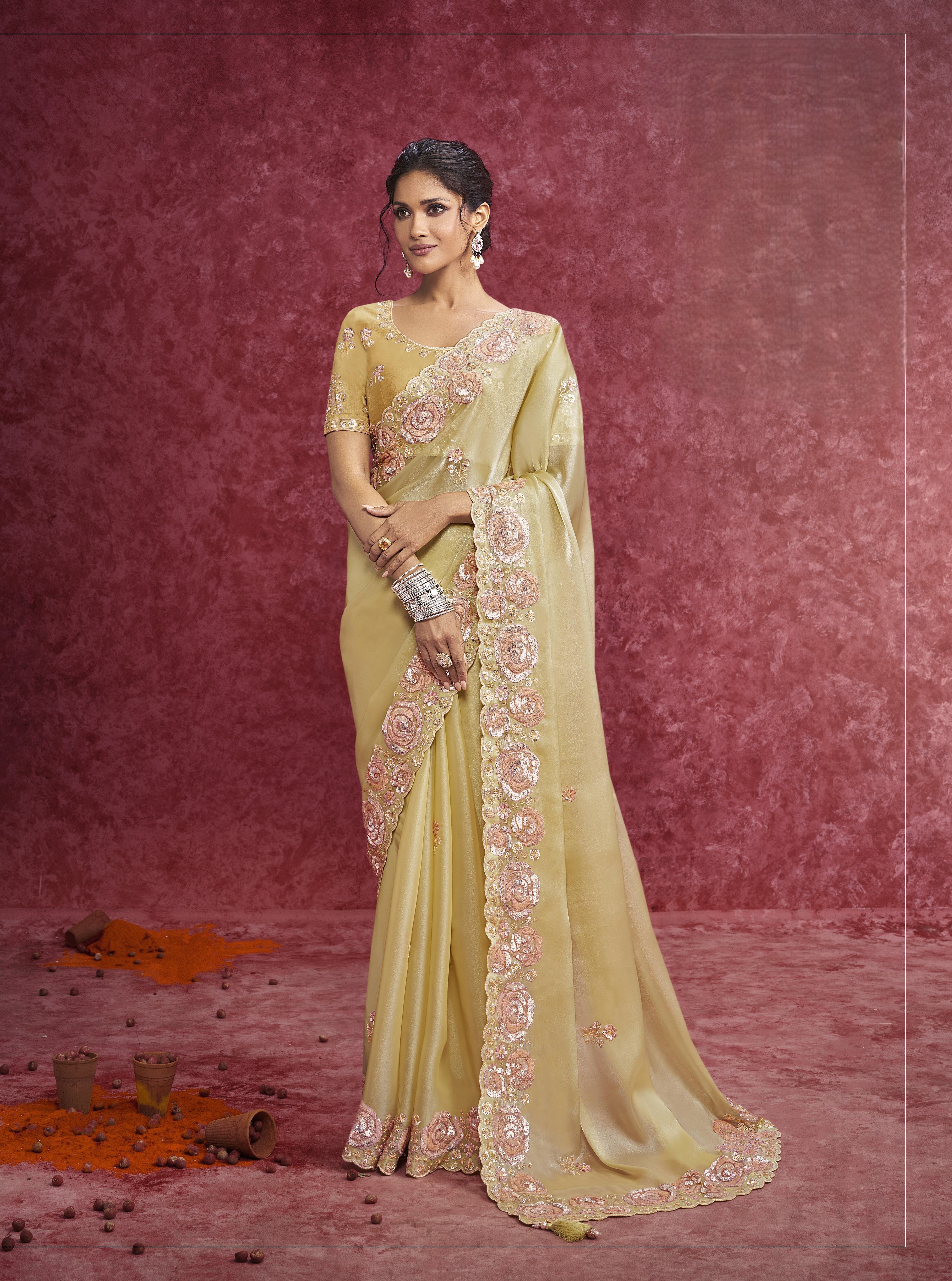 Sunbeam Bloom Saree with Pink Floral Embroidery