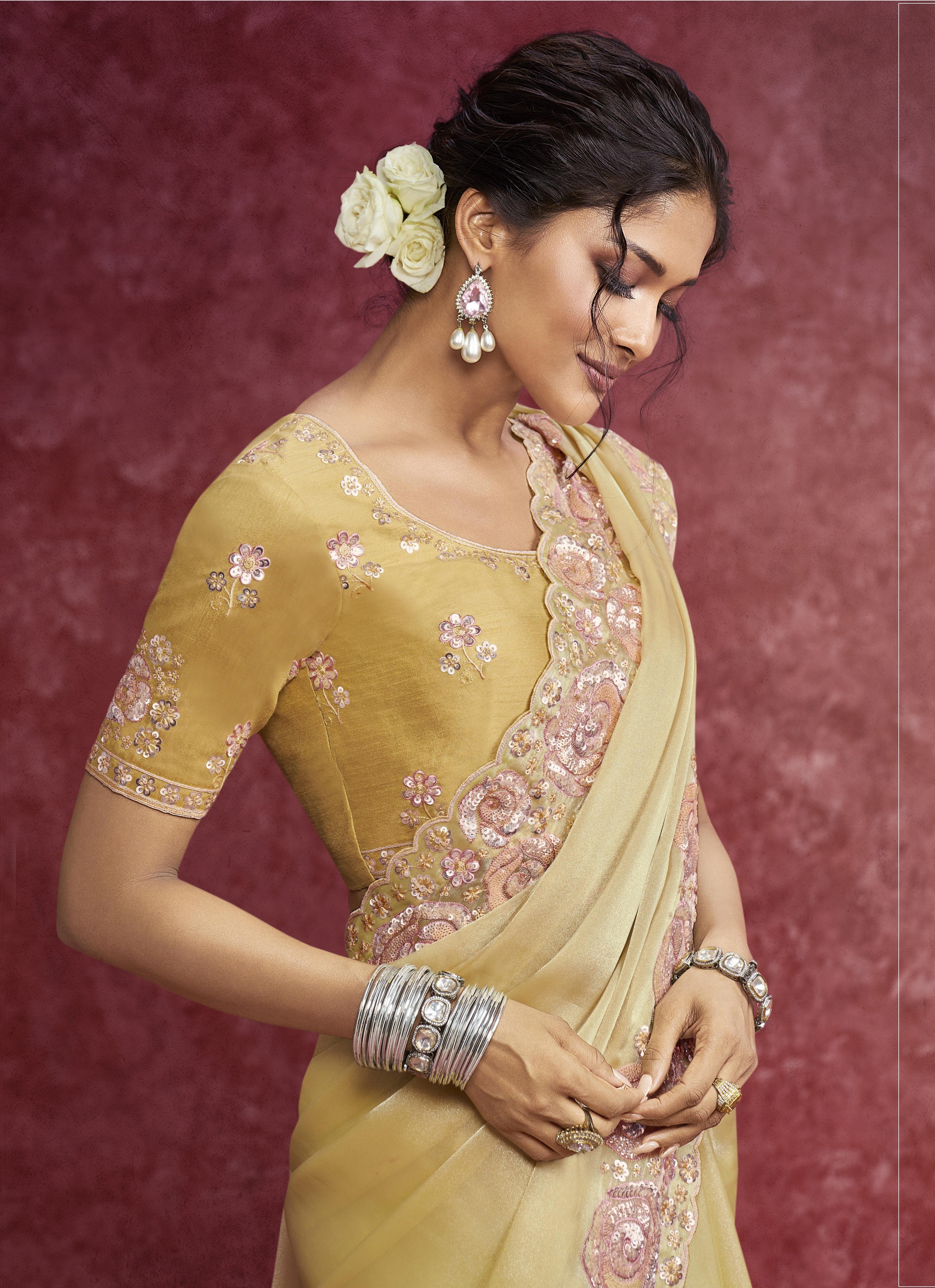 Sunbeam Bloom Saree with Pink Floral Embroidery