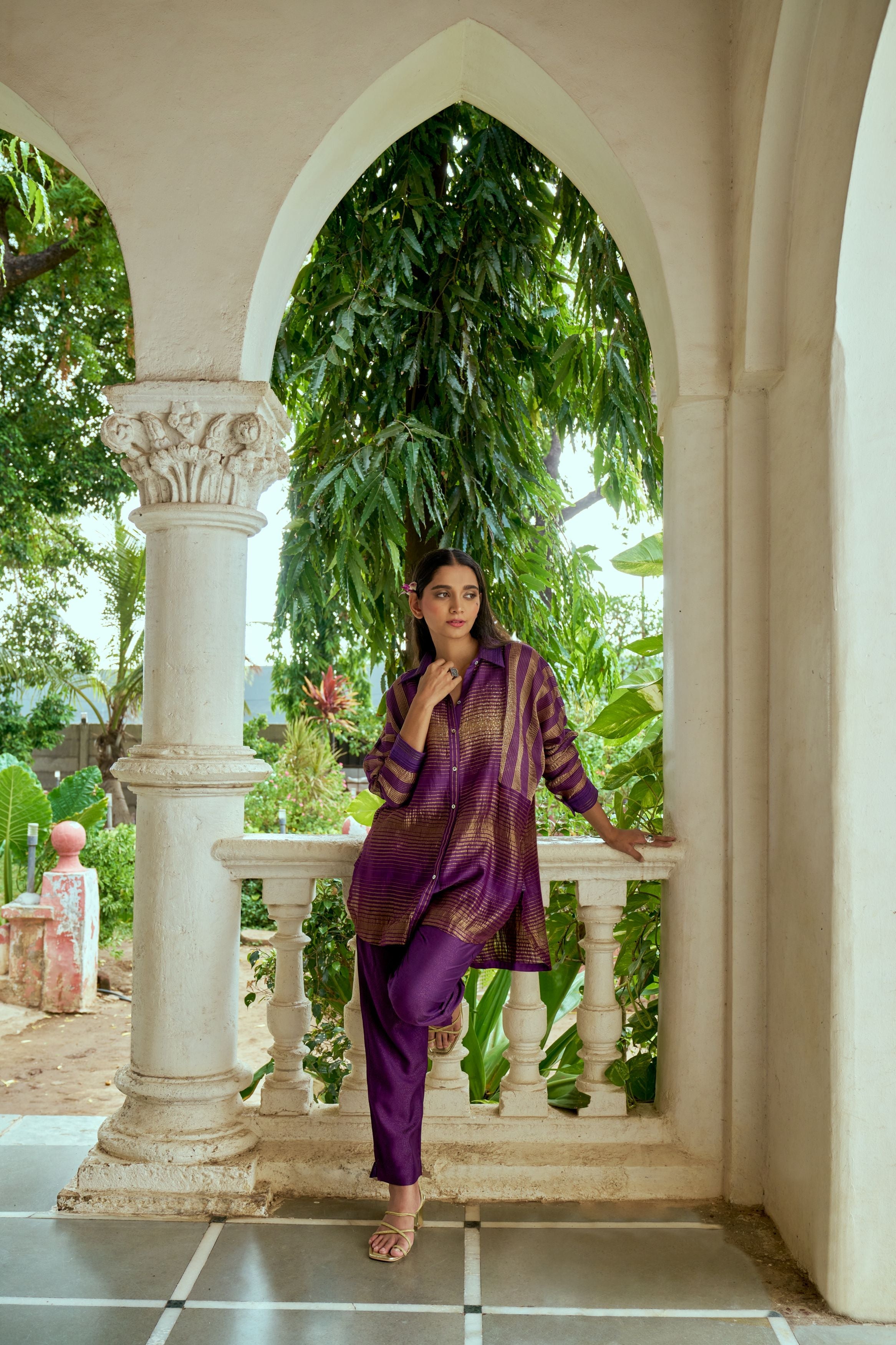 Soft Purple Printed  Slub Cotton Silk Tunic Top