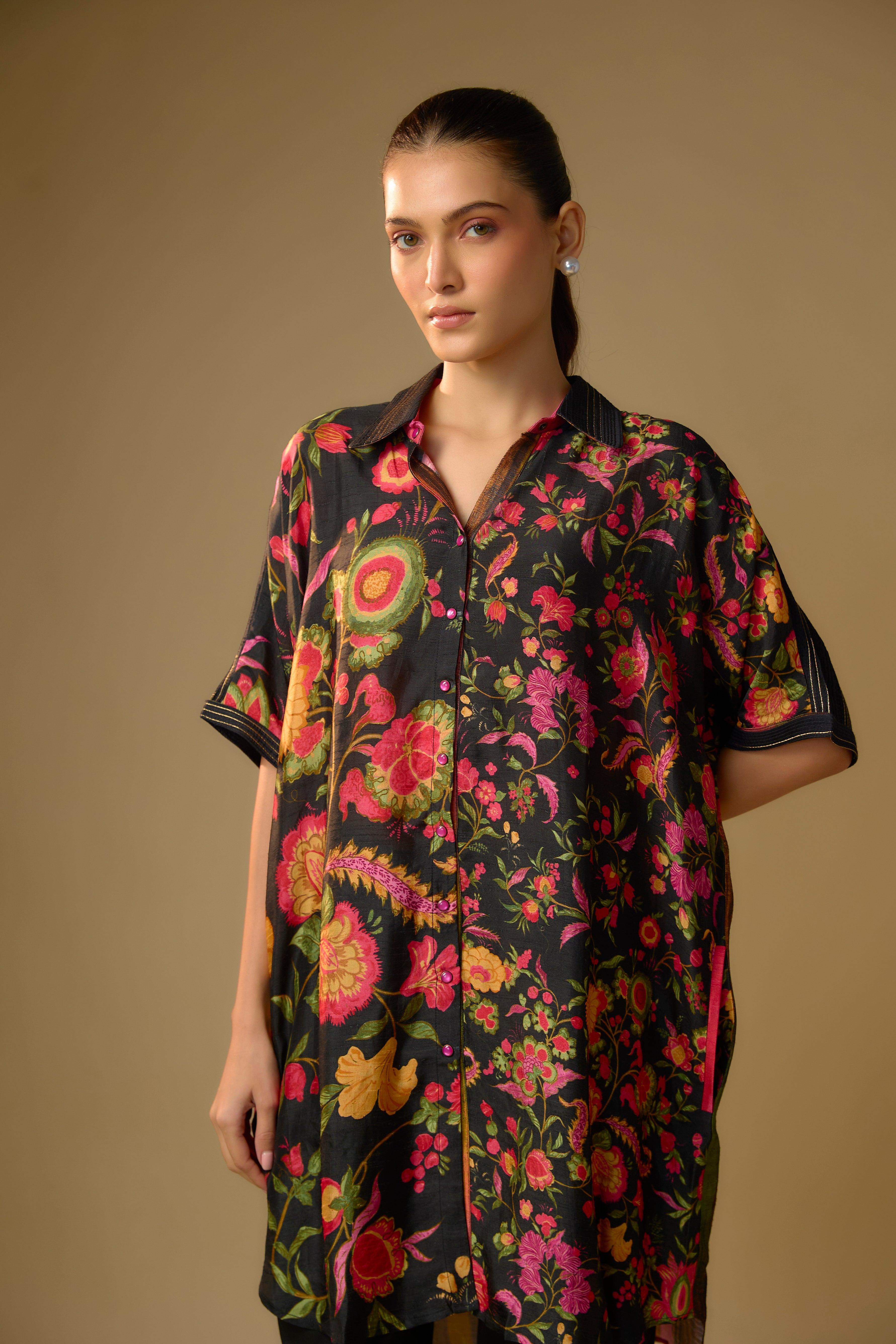 Black Printed Slub Cotton Silk Tunic Top
