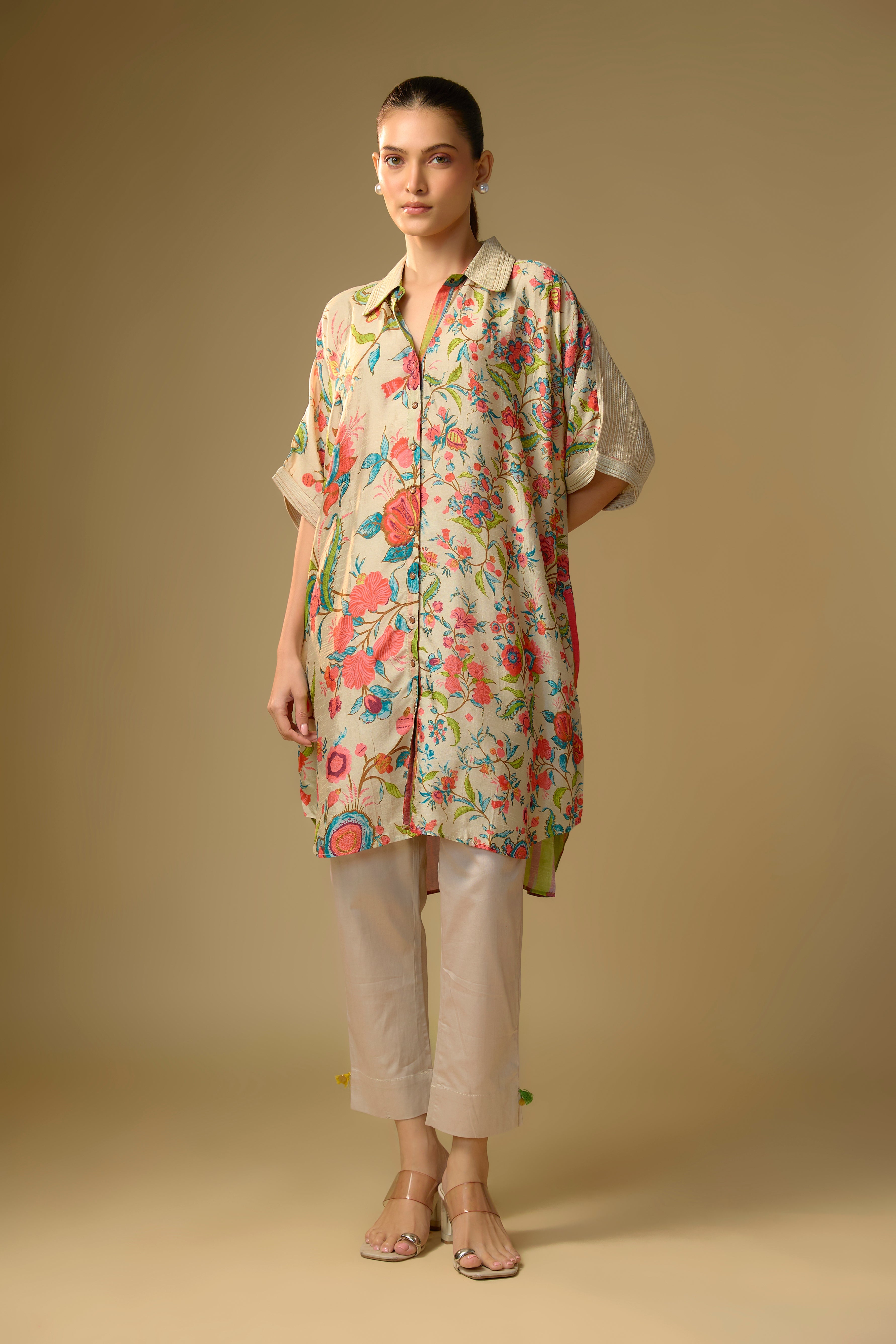 Summer Ivory Printed Slub Cotton Silk Tunic Top
